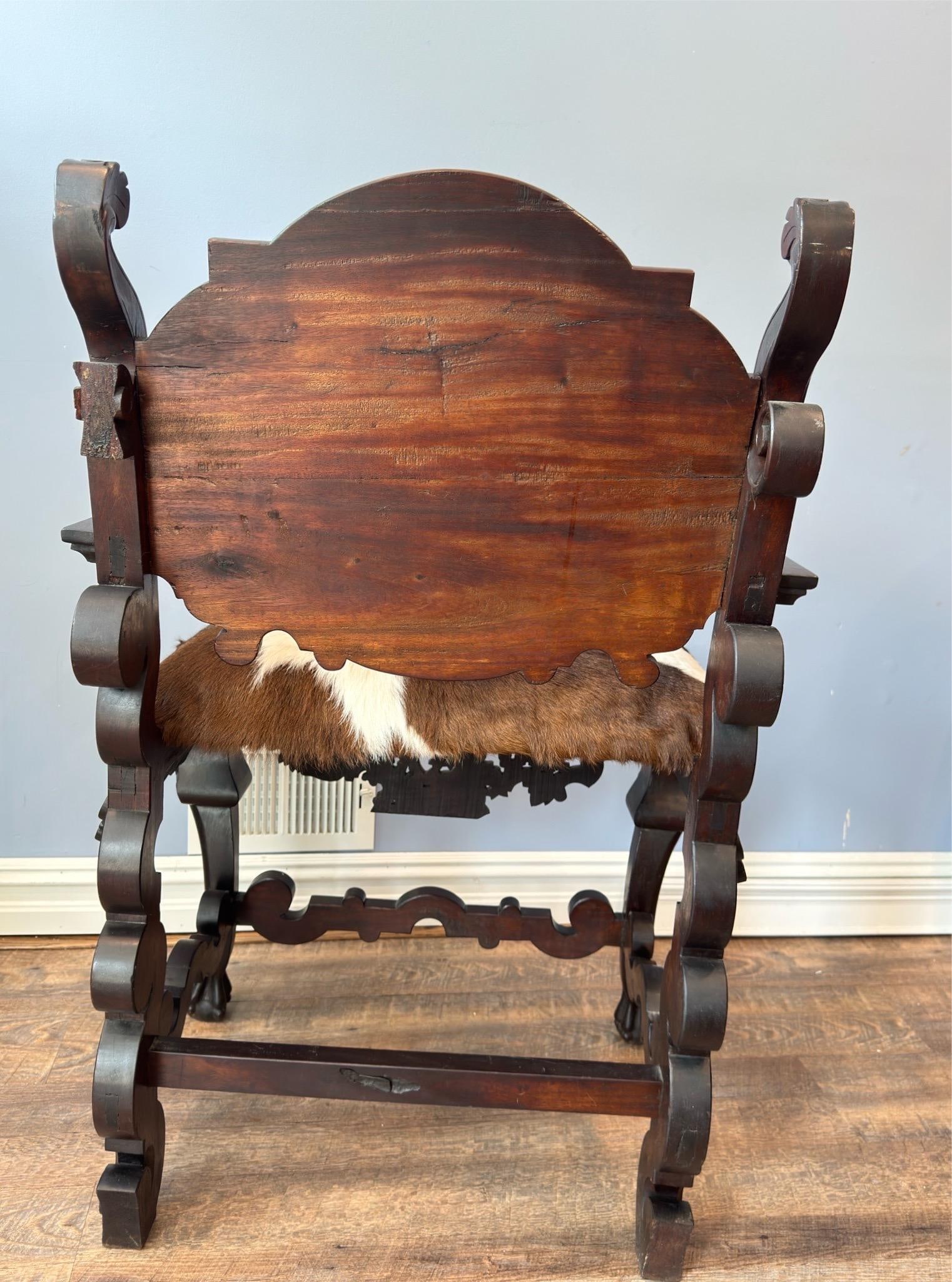 Antique Renaissance Revival Carved Walnut Throne Chair, Cowhide Seat - 7
