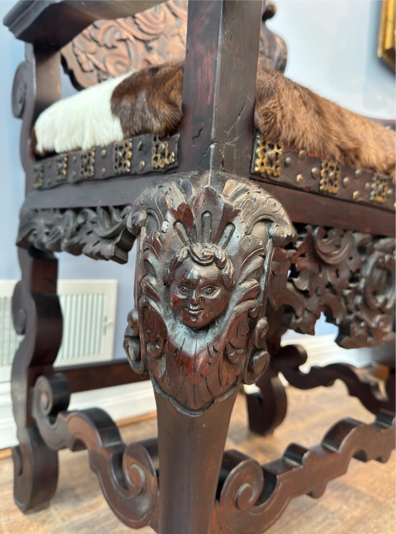 Antique Renaissance Revival Carved Walnut Throne Chair, Cowhide Seat - 8