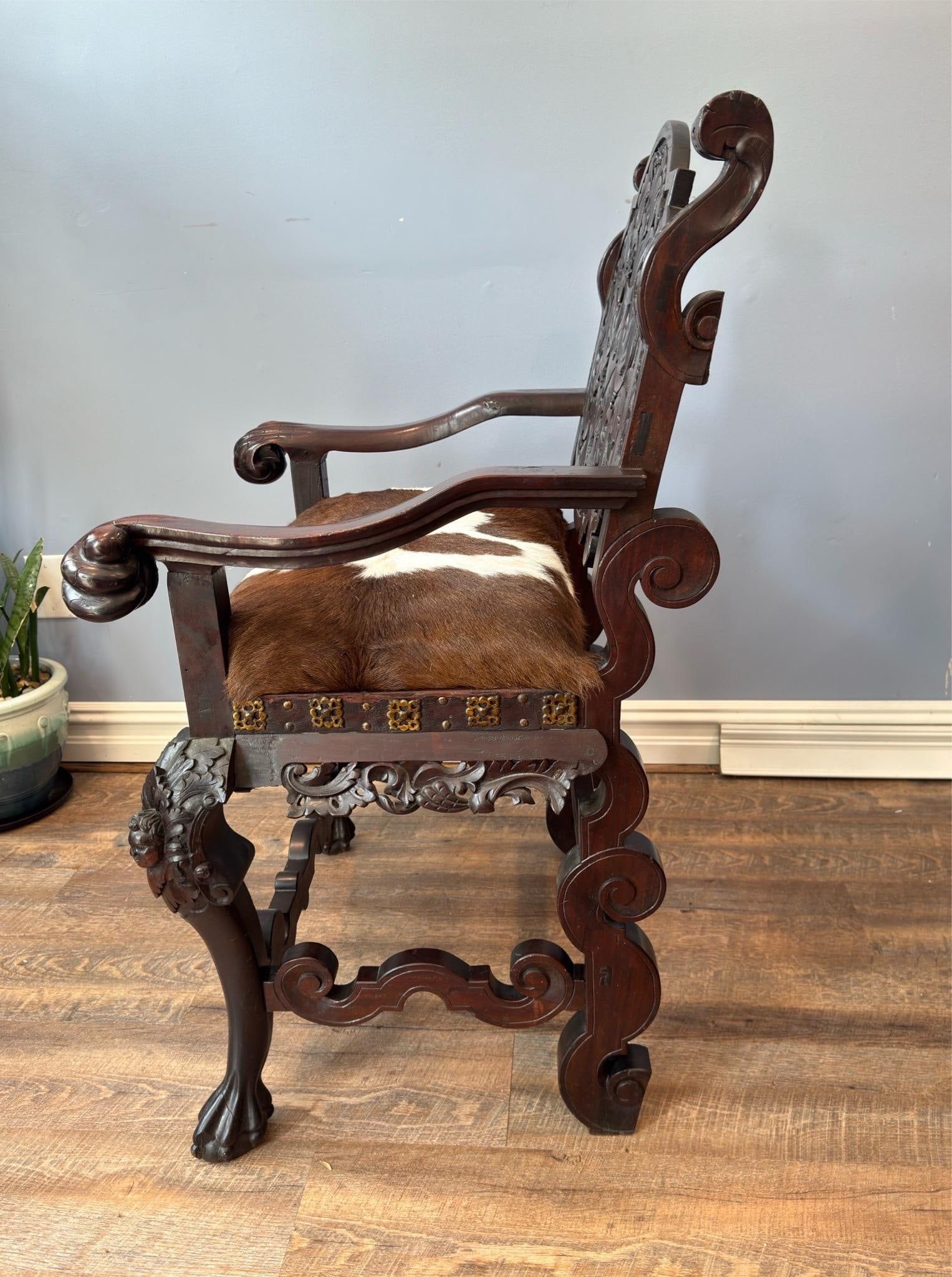 Antique Renaissance Revival Carved Walnut Throne Chair, Cowhide Seat - 9