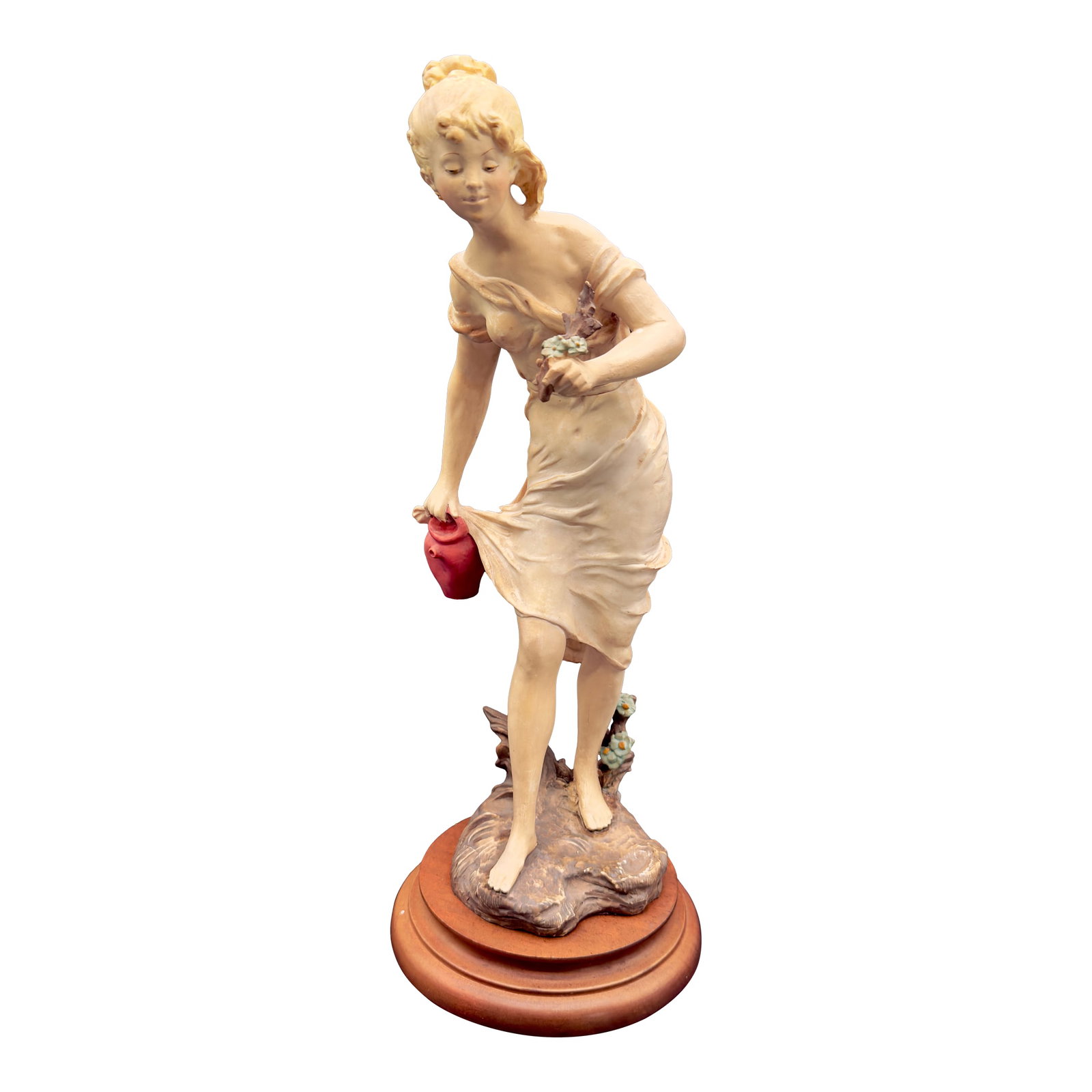 Vintage Capodimonte Chalkware Young Lady Figurine, 17.5" H: Beautiful Vintage Capodimonte figurine depicting a young lady in a flowing dress holding flowers and a red vase. These figurines are highly consistent with the "Florence Sculpture d"Arte" produced in