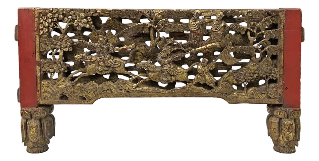 Chinese Vintage Wood Golden Relief Carving Wall Hanging Art Plaque: This ornate piece is a fine example of traditional Chinese openwork wood carving, likely originating as an architectural fragment or a decorative panel for a large piece of furniture like a canopy bed