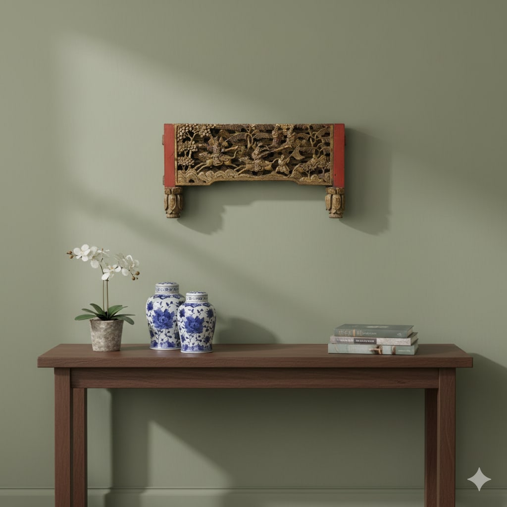 Chinese Vintage Wood Golden Relief Carving Wall Hanging Art Plaque - 7