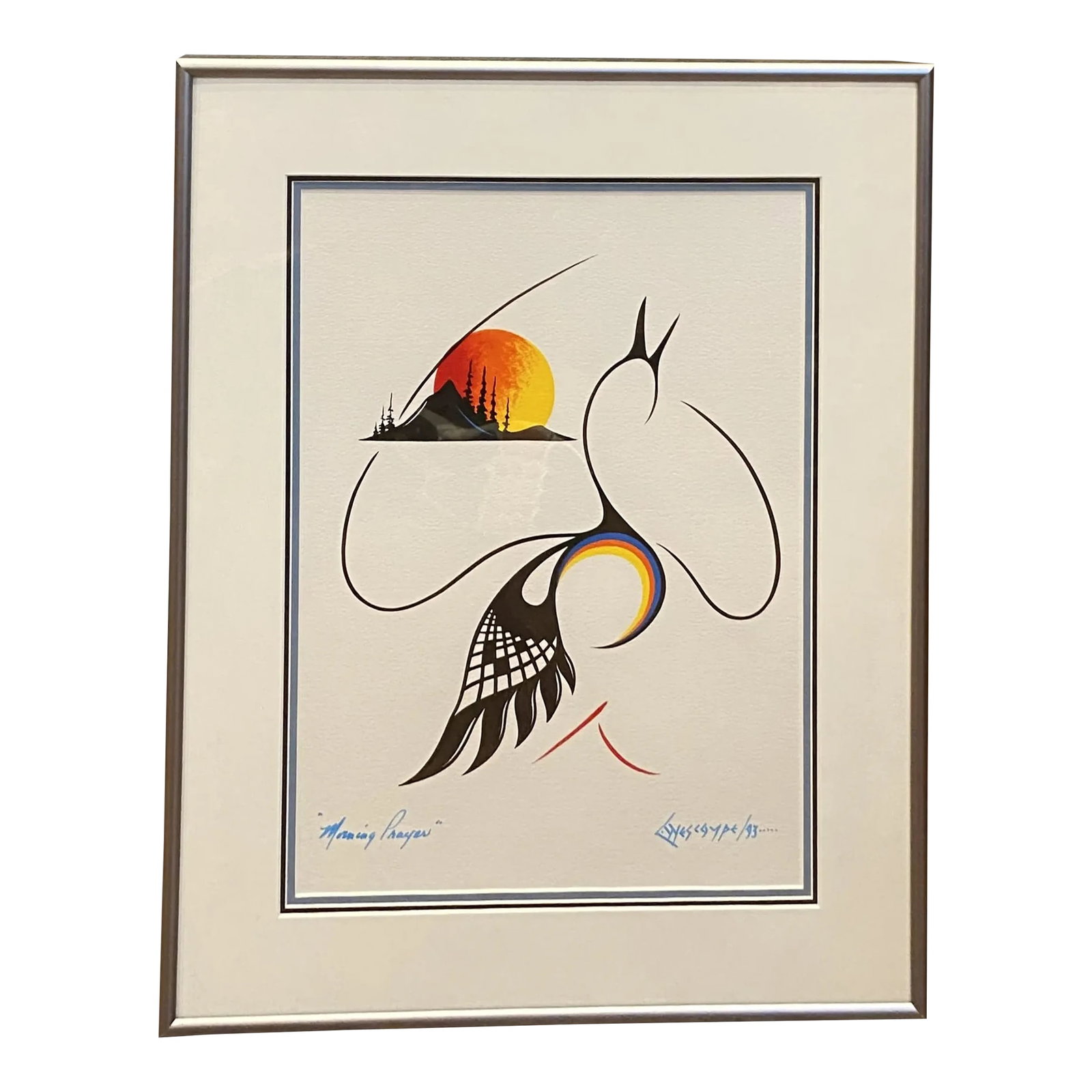 1990s Clemence Wescoupe "Morning Prayer" Acrylic Painting, Framed Indigenous Art: This is an original piece of art called "Morning Prayer" from the indigenous artist: Clemence Wescoupe from the Long Plain First Nation of Manitoba, Canada. This piece is acrylic on flat canvas. It