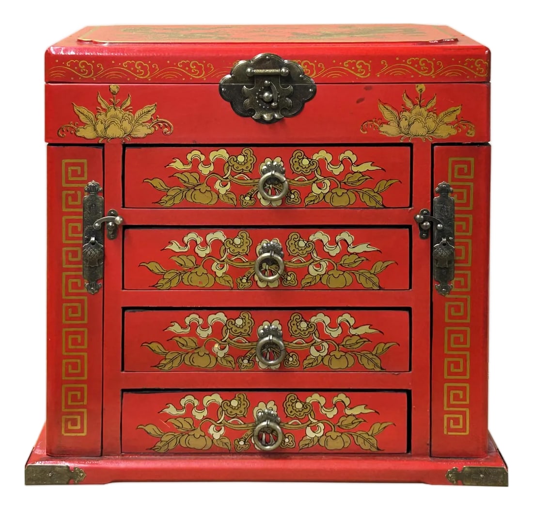 Chinese Oriental Red Dragon Phoenix Mirror Rectangular Jewelry Box: This ornate Chinese-style jewelry chest is a striking example of traditional craftsmanship, featuring a vibrant vermilion red finish accented by intricate gold-leaf motifs. The exterior is adorned