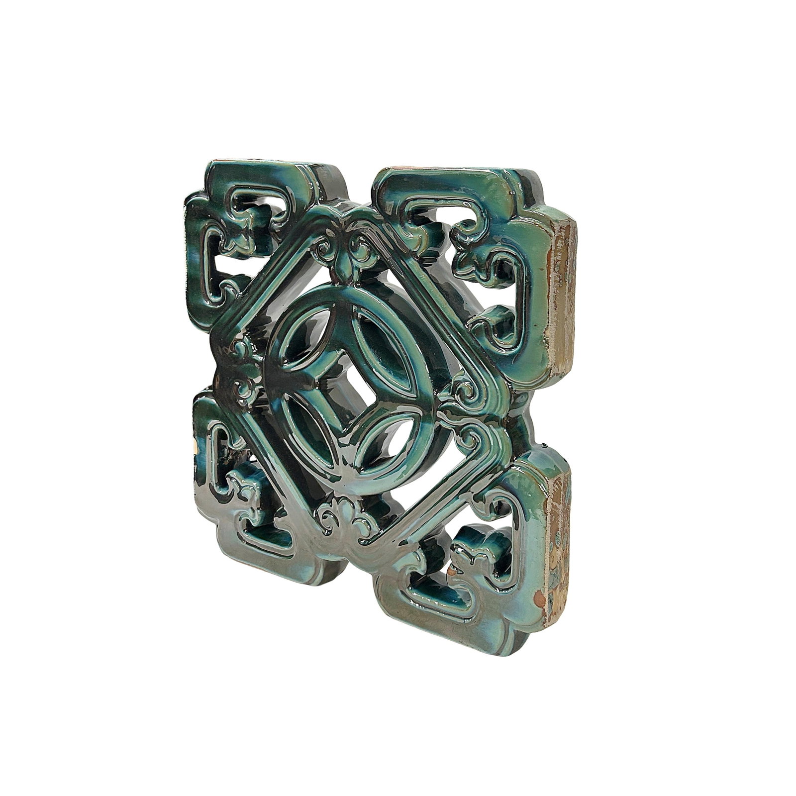 Chinese Ru-Yi Coin Dark Green Mix Glaze Wall Floor Clay Tile - 2