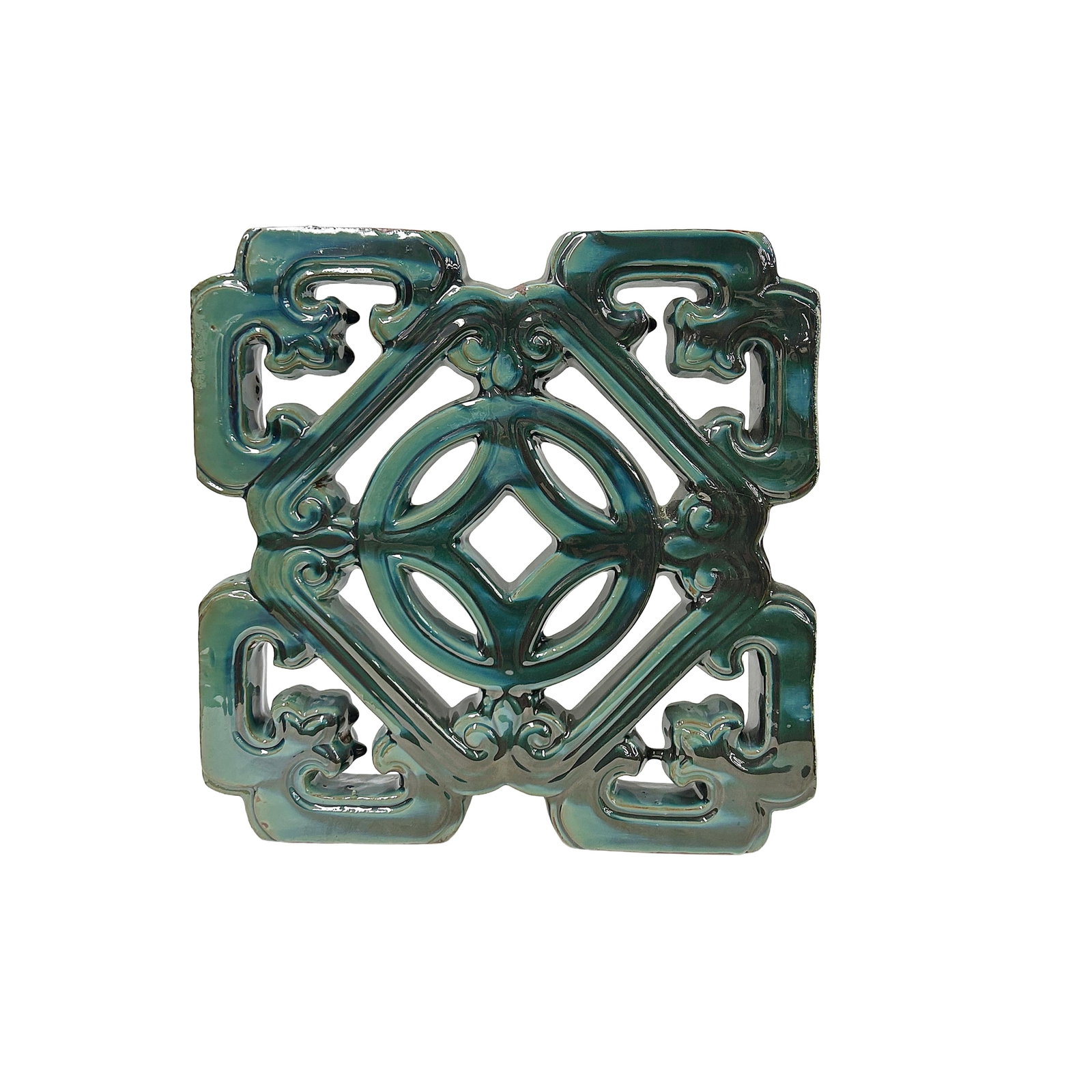 Chinese Ru-Yi Coin Dark Green Mix Glaze Wall Floor Clay Tile - 3