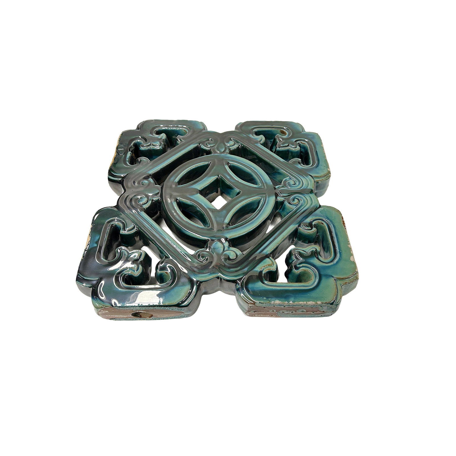 Chinese Ru-Yi Coin Dark Green Mix Glaze Wall Floor Clay Tile - 4