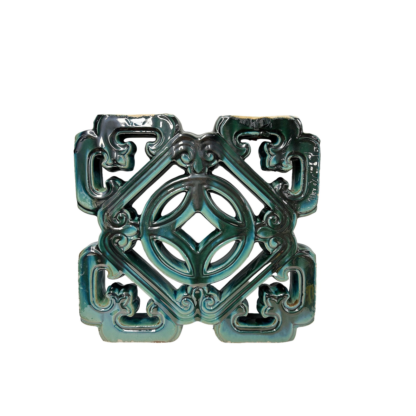 Chinese Ru-Yi Coin Dark Green Mix Glaze Wall Floor Clay Tile - 8