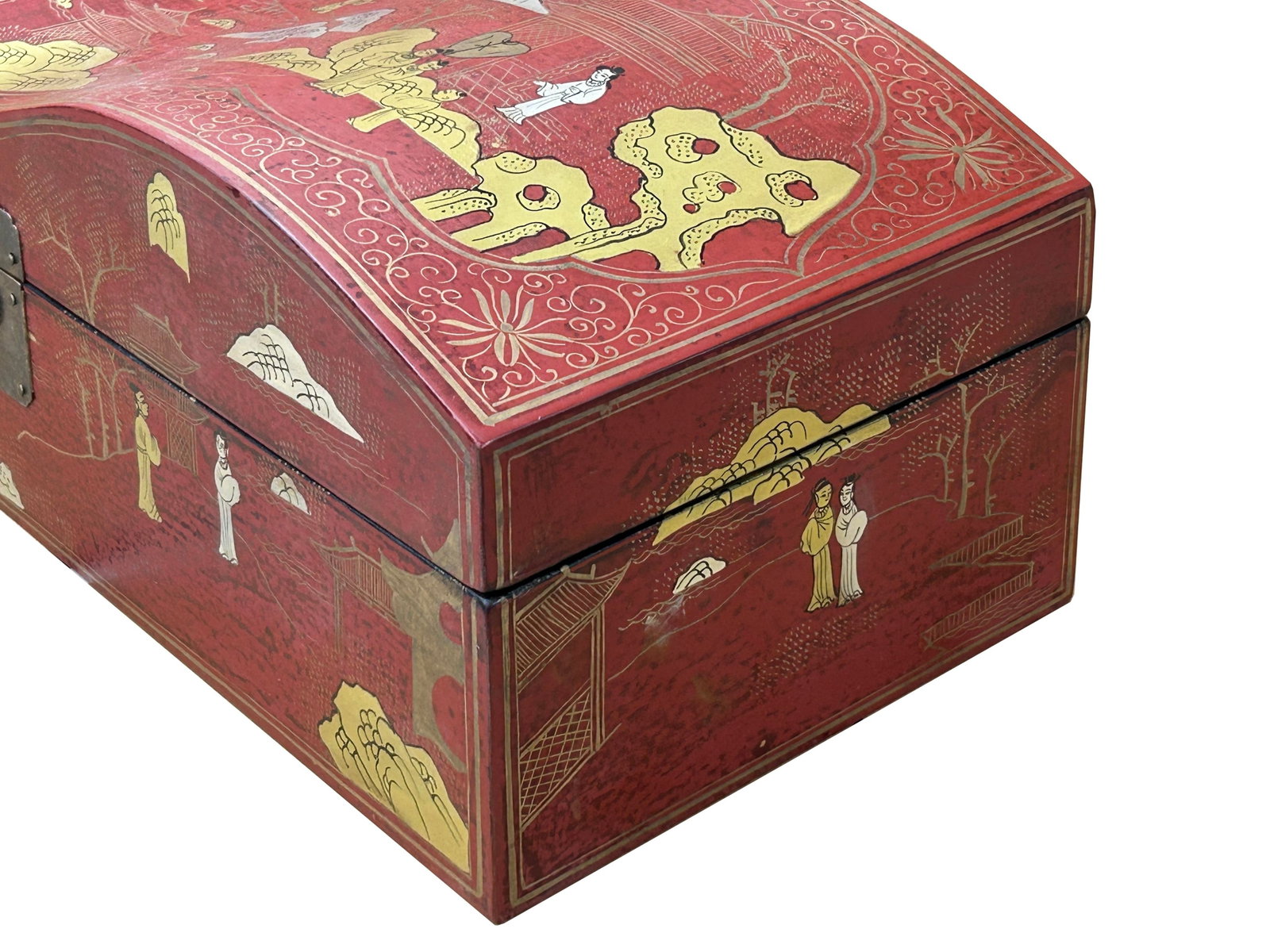 Red Lacquer Chinoiserie-Style Gold Silver Scenery Graphic Rectangular Box - 13