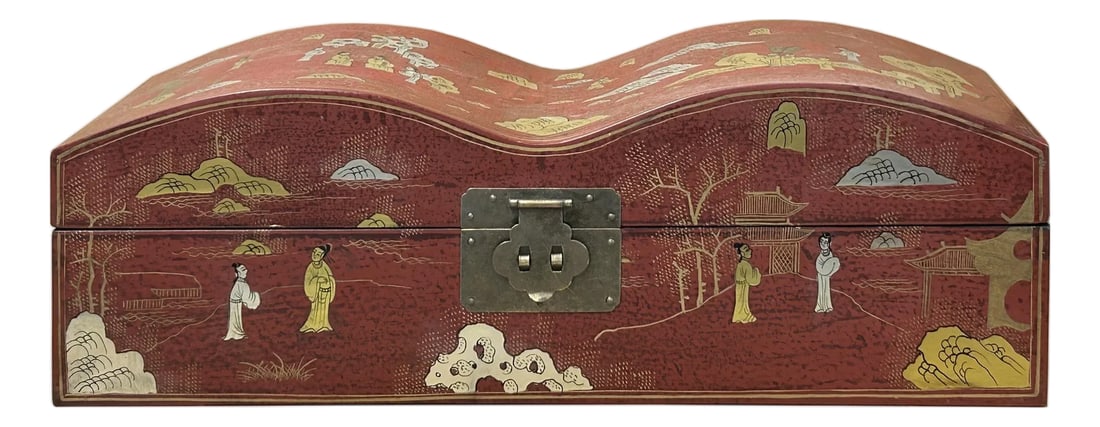 Red Lacquer Chinoiserie-Style Gold Silver Scenery Graphic Rectangular Box: This elegant rectangular chest is defined by its striking "double-humped" lid, which rises in two symmetrical curves reminiscent of an open book or rolling hills. The exterior is finished in a