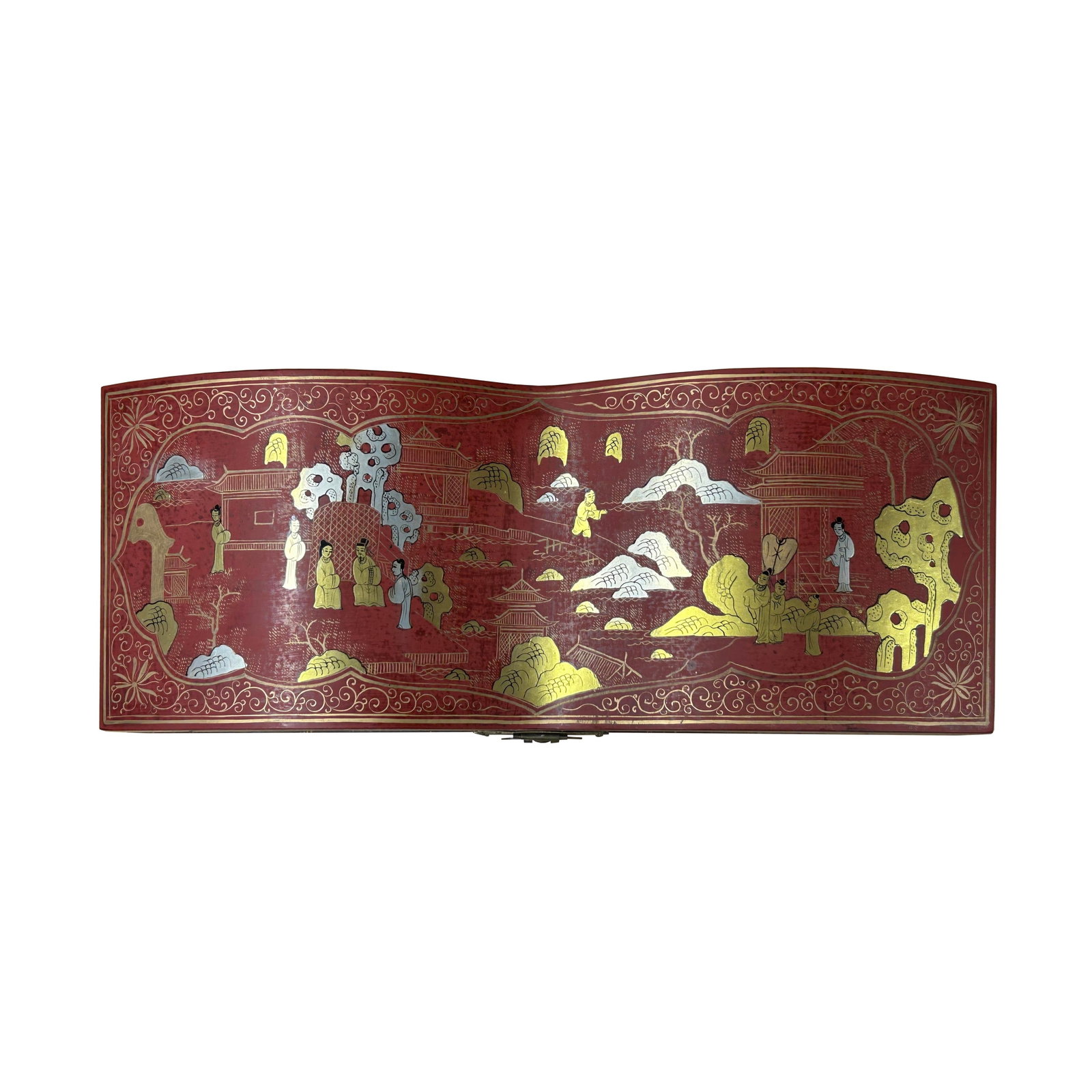 Red Lacquer Chinoiserie-Style Gold Silver Scenery Graphic Rectangular Box - 6