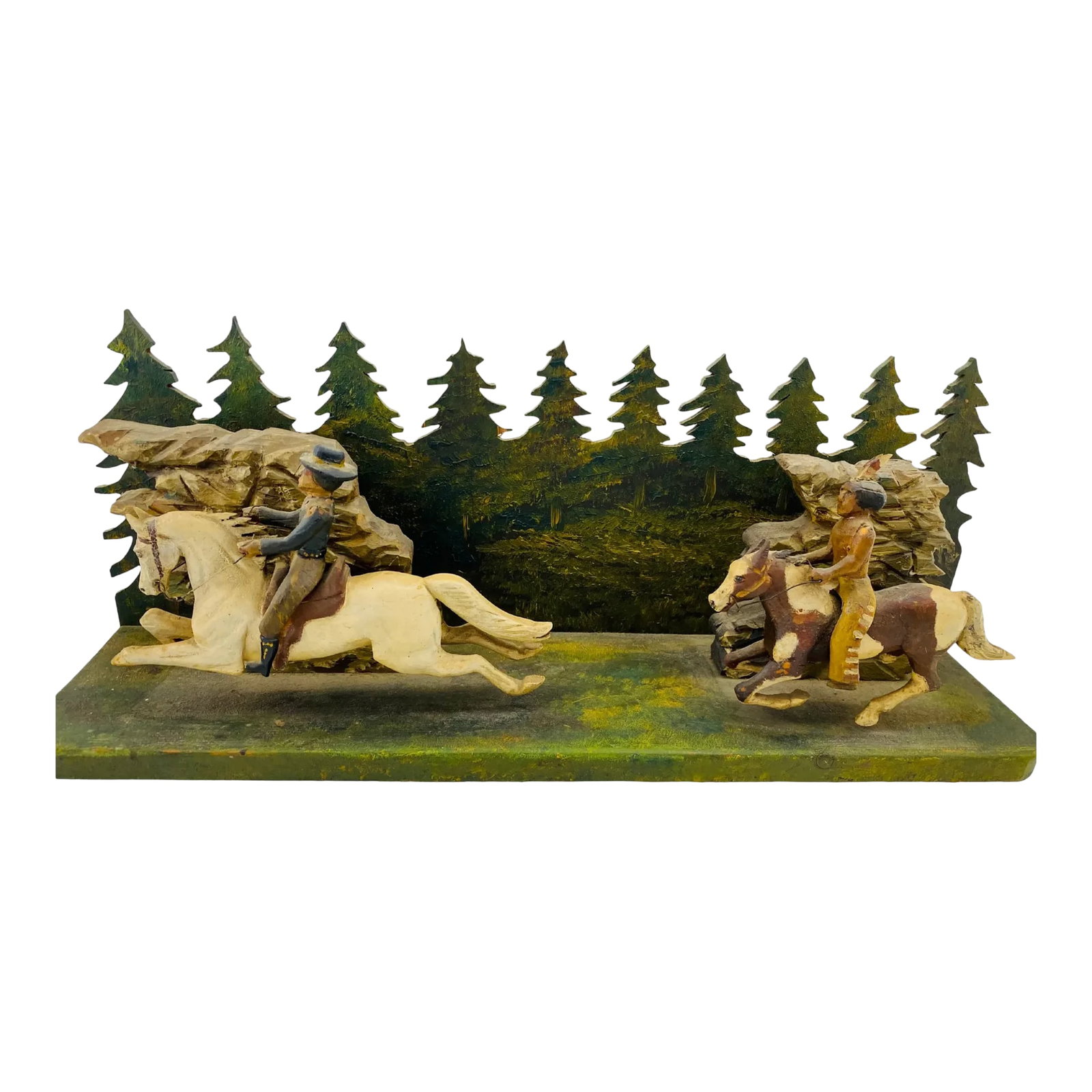 Folk Art Diorama of Western Chase Scene C. 1940s: Presenting a Folk Art Diorama of a Western Chase Scene in excellent condition. Includes a hand painted background depicting a forest scene, each rider being backed by a rock landscape. This piece is