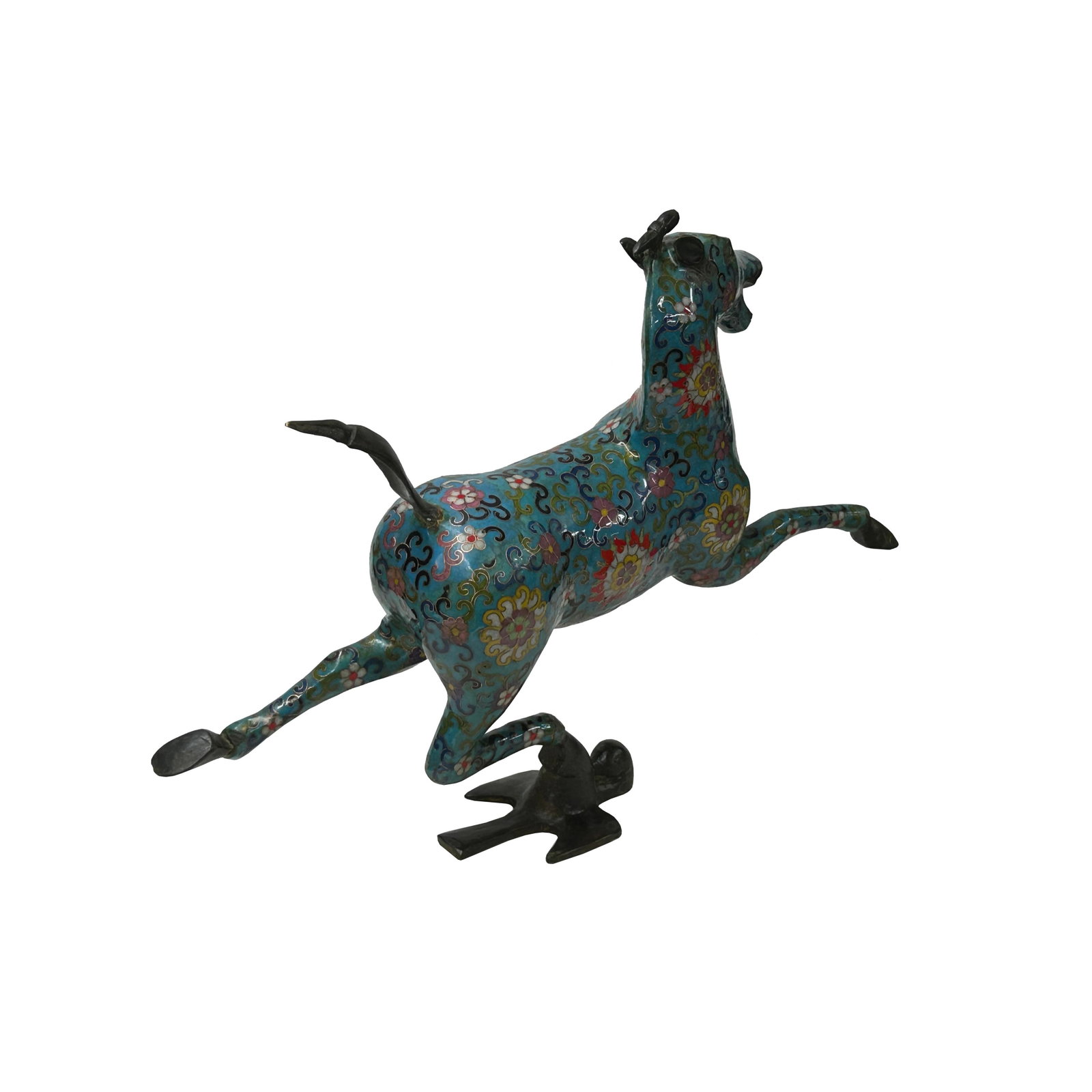 Chinese Turquoise Teal Enamel Galloping Horse Treading on a Flying Swallow Metal Figure - 10