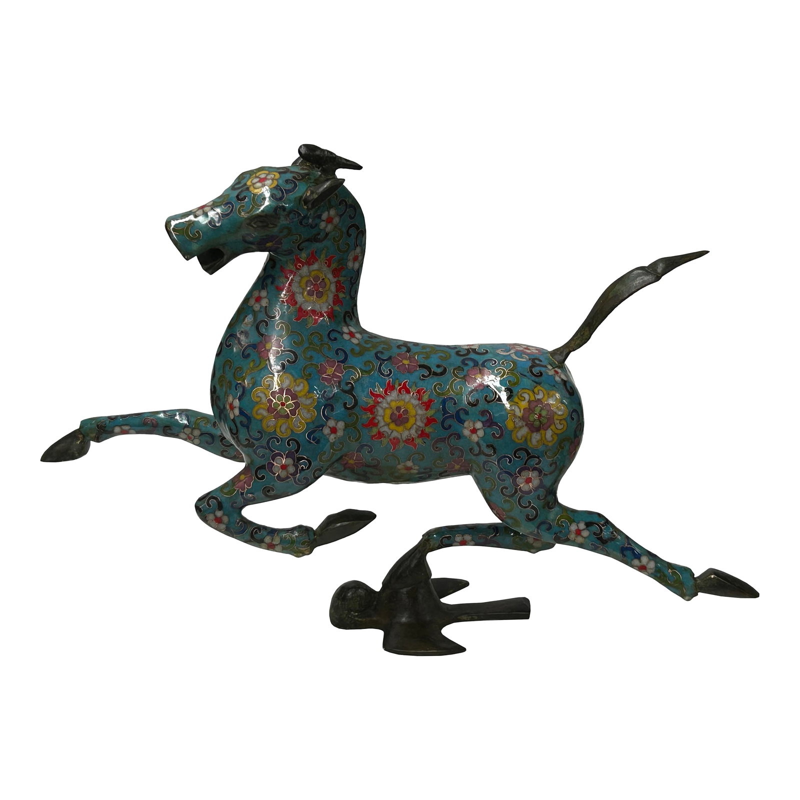 Chinese Turquoise Teal Enamel Galloping Horse Treading on a Flying Swallow Metal Figure: This striking sculpture is a vibrant, cloisonné enamel reimagining of the famous "Galloping Horse Treading on a Flying Swallow," a classic motif of Chinese Han Dynasty art. The figure captures a