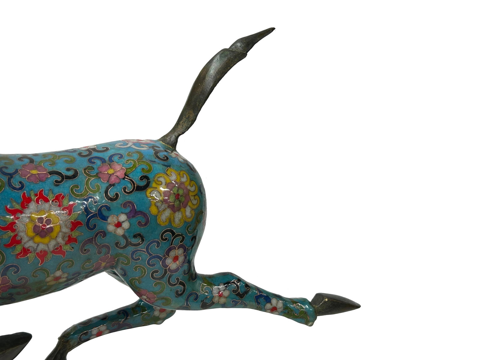Chinese Turquoise Teal Enamel Galloping Horse Treading on a Flying Swallow Metal Figure - 2