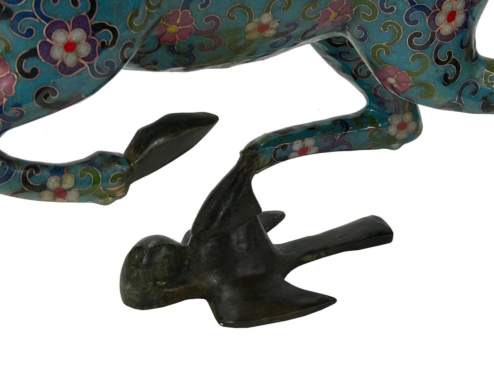 Chinese Turquoise Teal Enamel Galloping Horse Treading on a Flying Swallow Metal Figure - 5