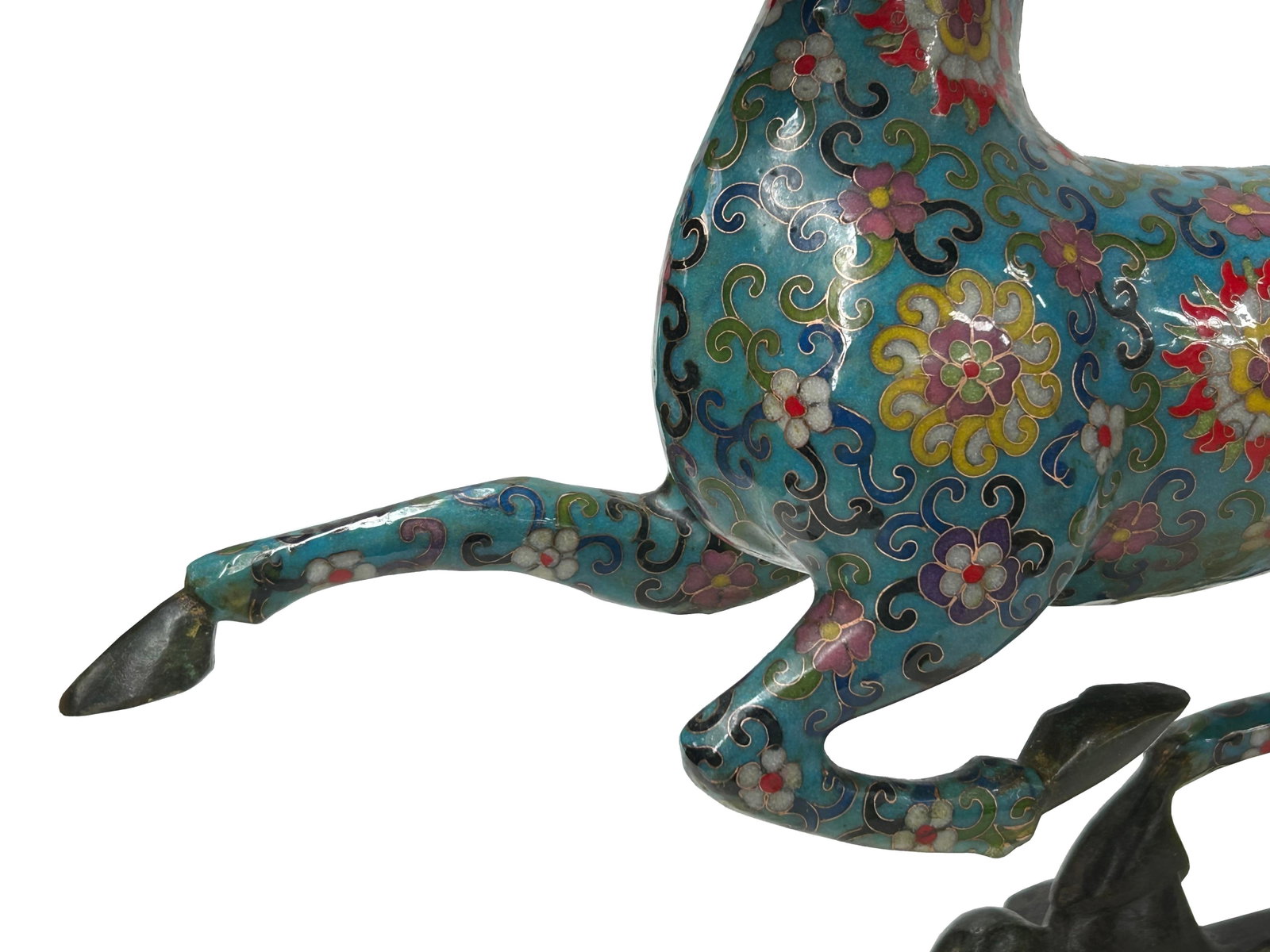 Chinese Turquoise Teal Enamel Galloping Horse Treading on a Flying Swallow Metal Figure - 8