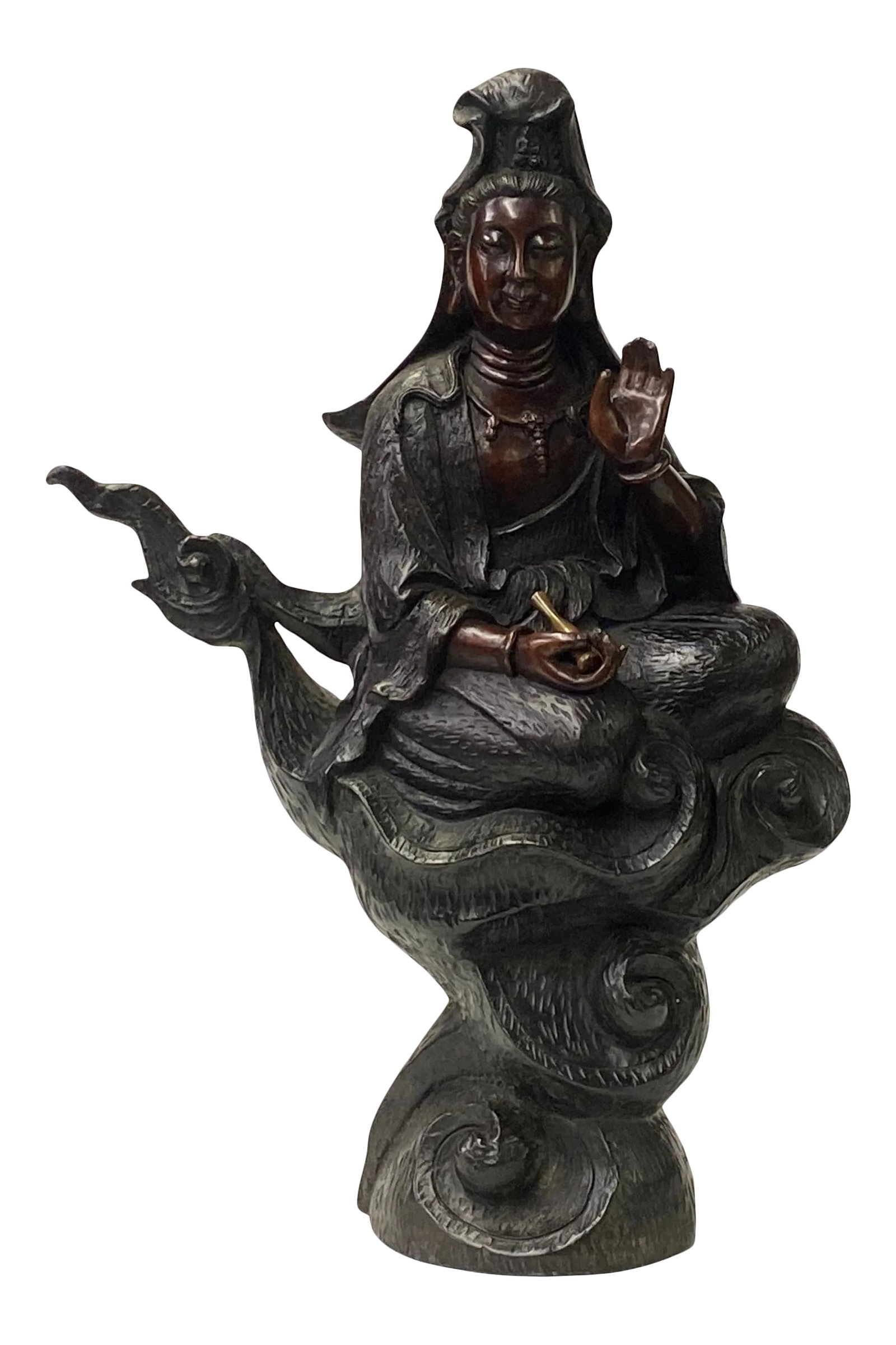 Fine Bronze Metal Tara Bodhisattva Kwan Yin Avalokite?vara Buddha Statue: This is a nicely handmade bronze metal Kwan Yin Buddha Statue with charm bronze brown metal color and precise body details. It is in "water-moon" style posture - half cross leg seated over a cloud