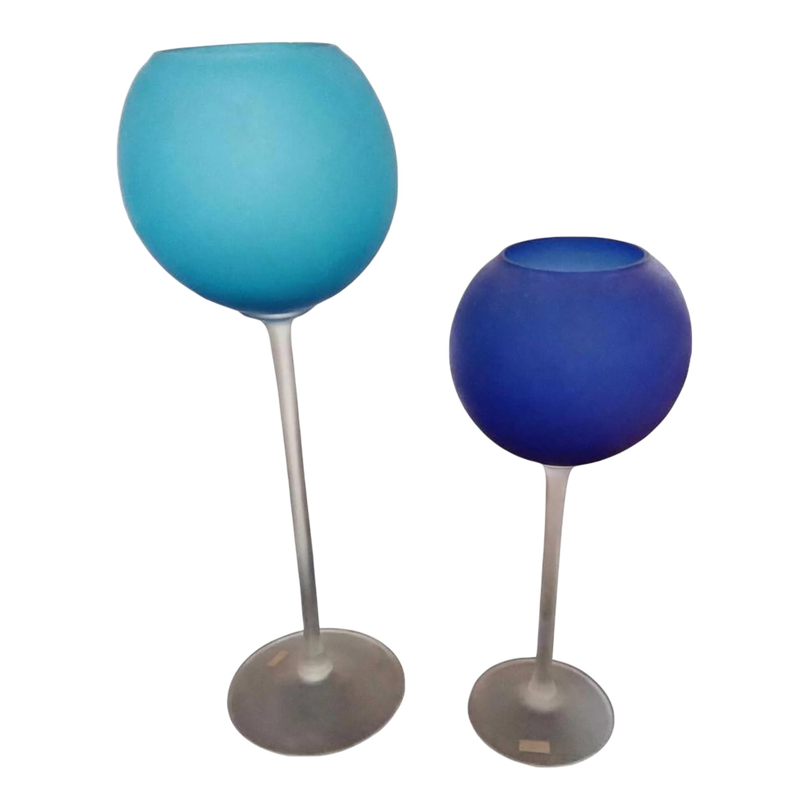 1960s Pair of Carlo Moretti Satinato Murano Glass Blue Goblet Vases: Stunning pair of vintage Carlo Moretti Satinato Murano glass vases in a rich cobalt blue. These elegant goblet-form vases feature the signature frosted/matte (satinato) finish that Carlo Moretti becam