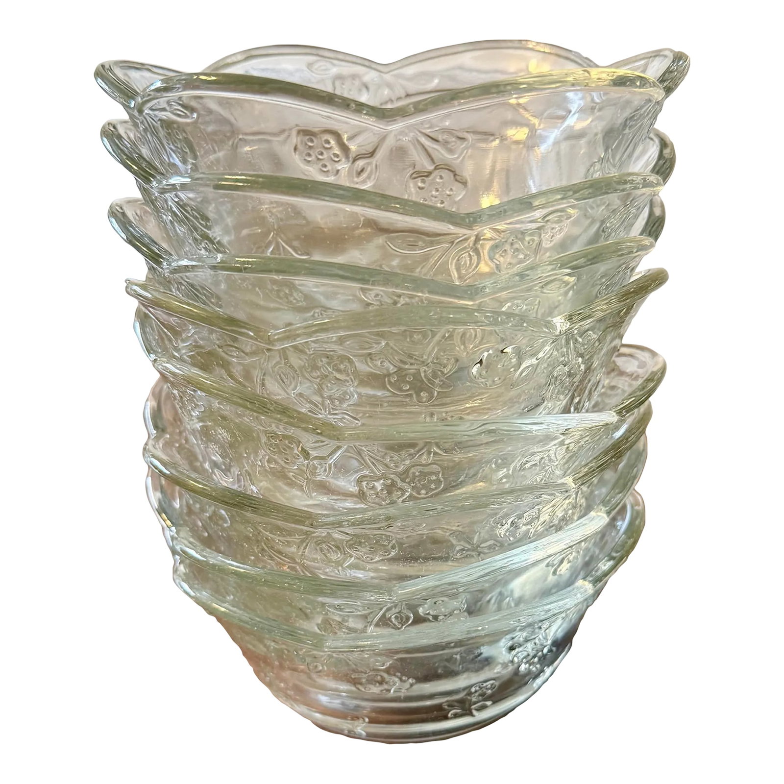 Savannah Salad Bowl and Set of Eight Serving Bowls: These are vintage Anchor Hocking "Savannah" pattern salad bowl and eight individual serving bowls featuring an ornate floral and berry-like embossed design across it's exterior and a distinctive