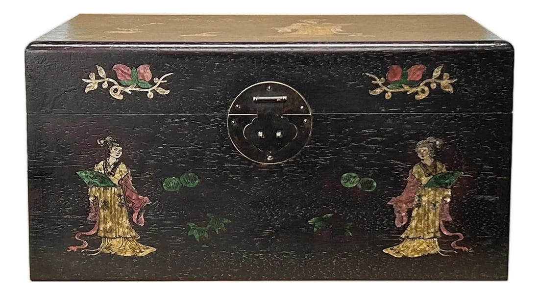 Oriental Mother of Pearl Dark Brown Wood Small Trunk Chest Box: This elegant rectangular wooden box is crafted from deep, dark brown timber, showcasing a rich grain and a lustrous polished finish. Its exterior is intricately adorned with a traditional