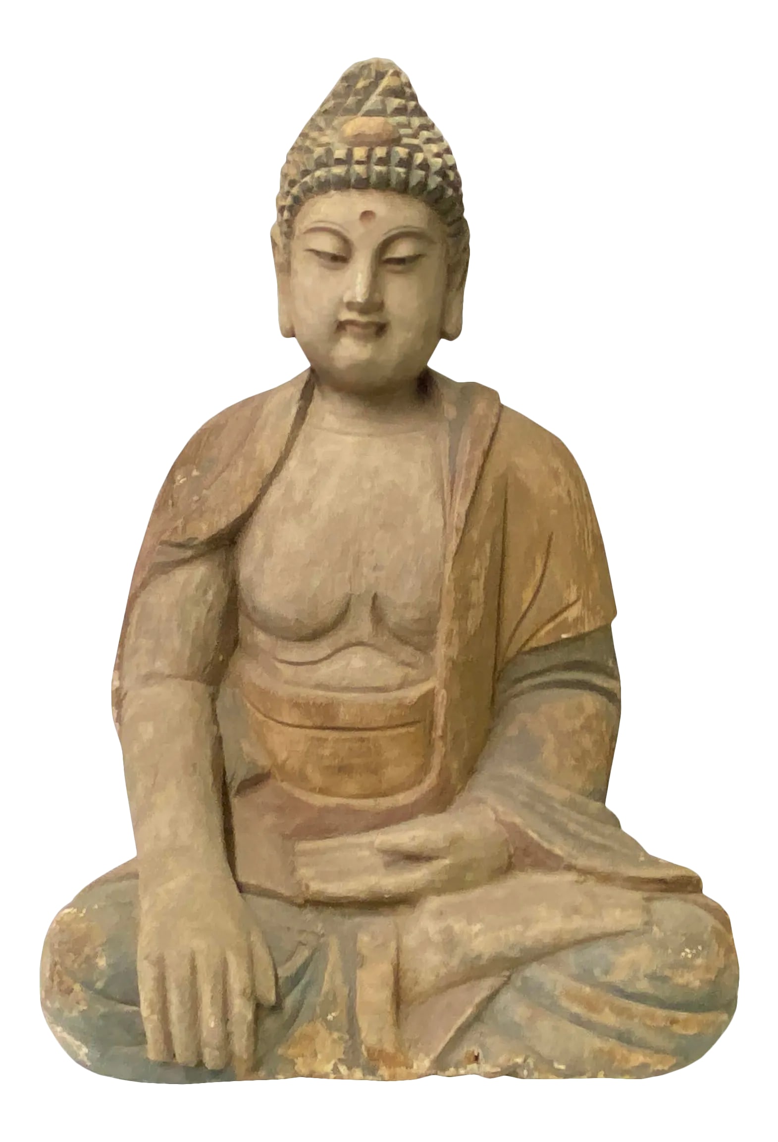 Large Chinese Rustic Wood Sitting Meditation Buddha Statue: This is a Chinese decorative wooden Sitting Buddha Gautama Amitabha statue. It is finished with a vintage rustic look. Little wear-out color marks on the dress. Dimensions: 19" x 13"x h30" Origin: