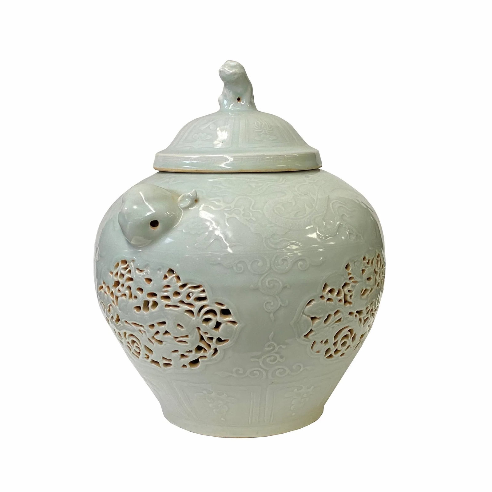 Chinese Off White Light Celadon Porcelain Dragon Foo Dogs Jar Container - 2