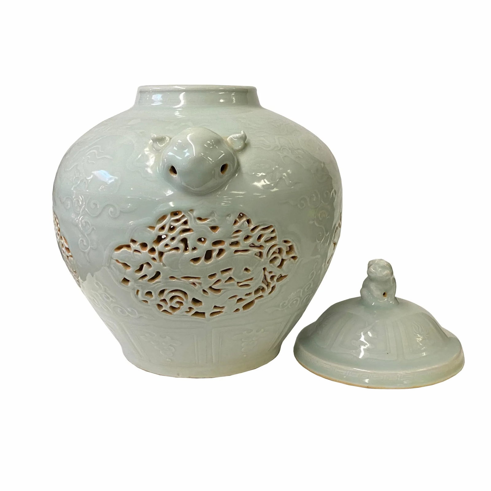 Chinese Off White Light Celadon Porcelain Dragon Foo Dogs Jar Container - 3