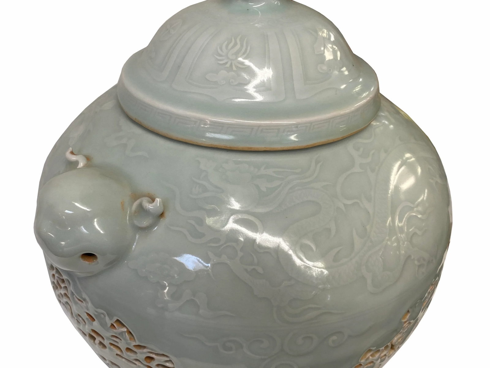 Chinese Off White Light Celadon Porcelain Dragon Foo Dogs Jar Container - 4