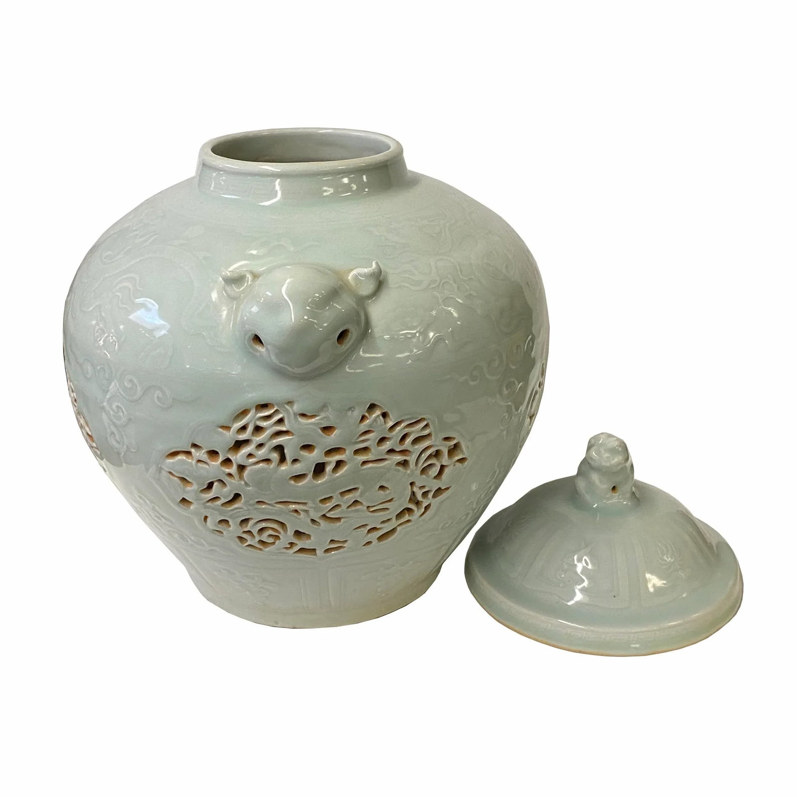 Chinese Off White Light Celadon Porcelain Dragon Foo Dogs Jar Container - 5