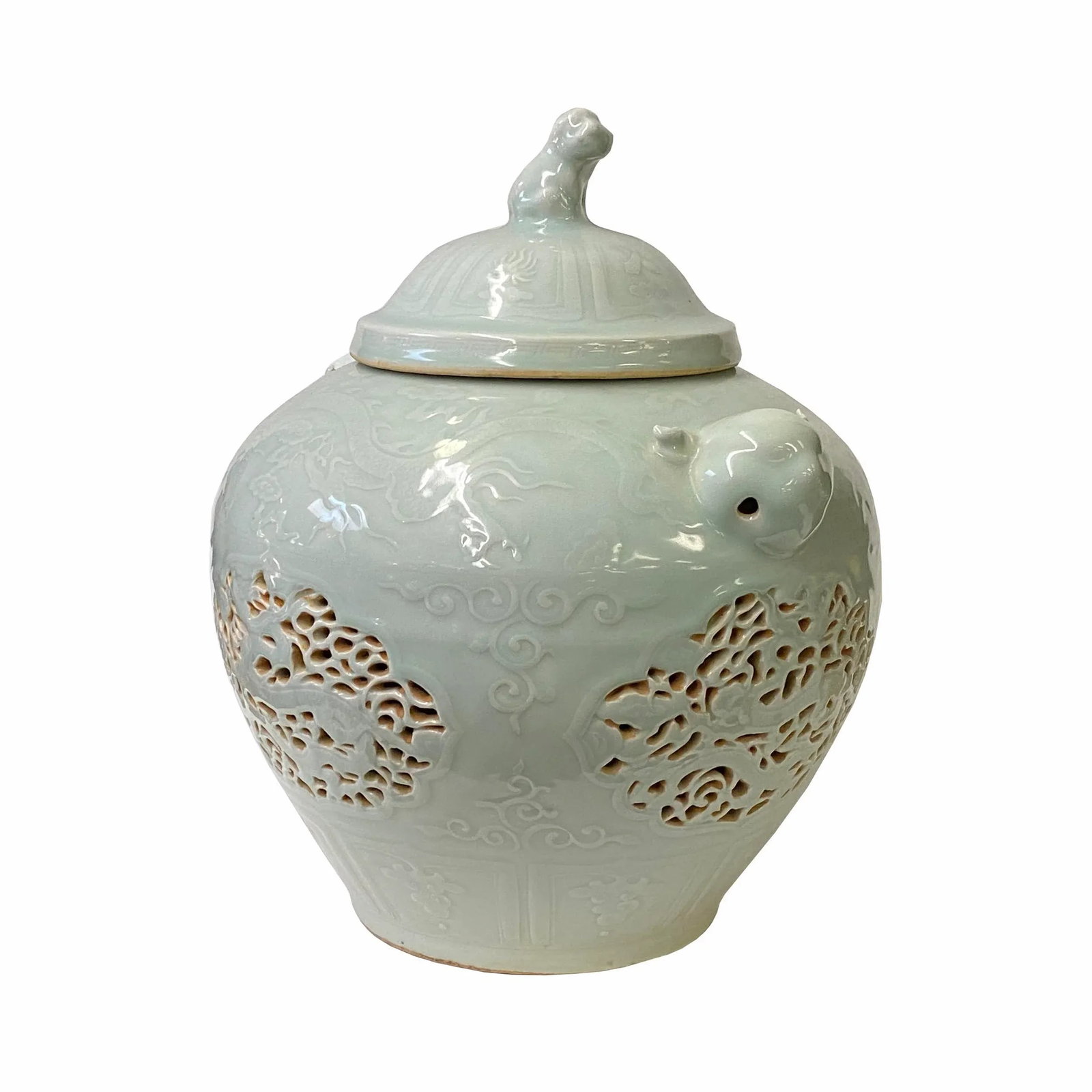 Chinese Off White Light Celadon Porcelain Dragon Foo Dogs Jar Container - 7