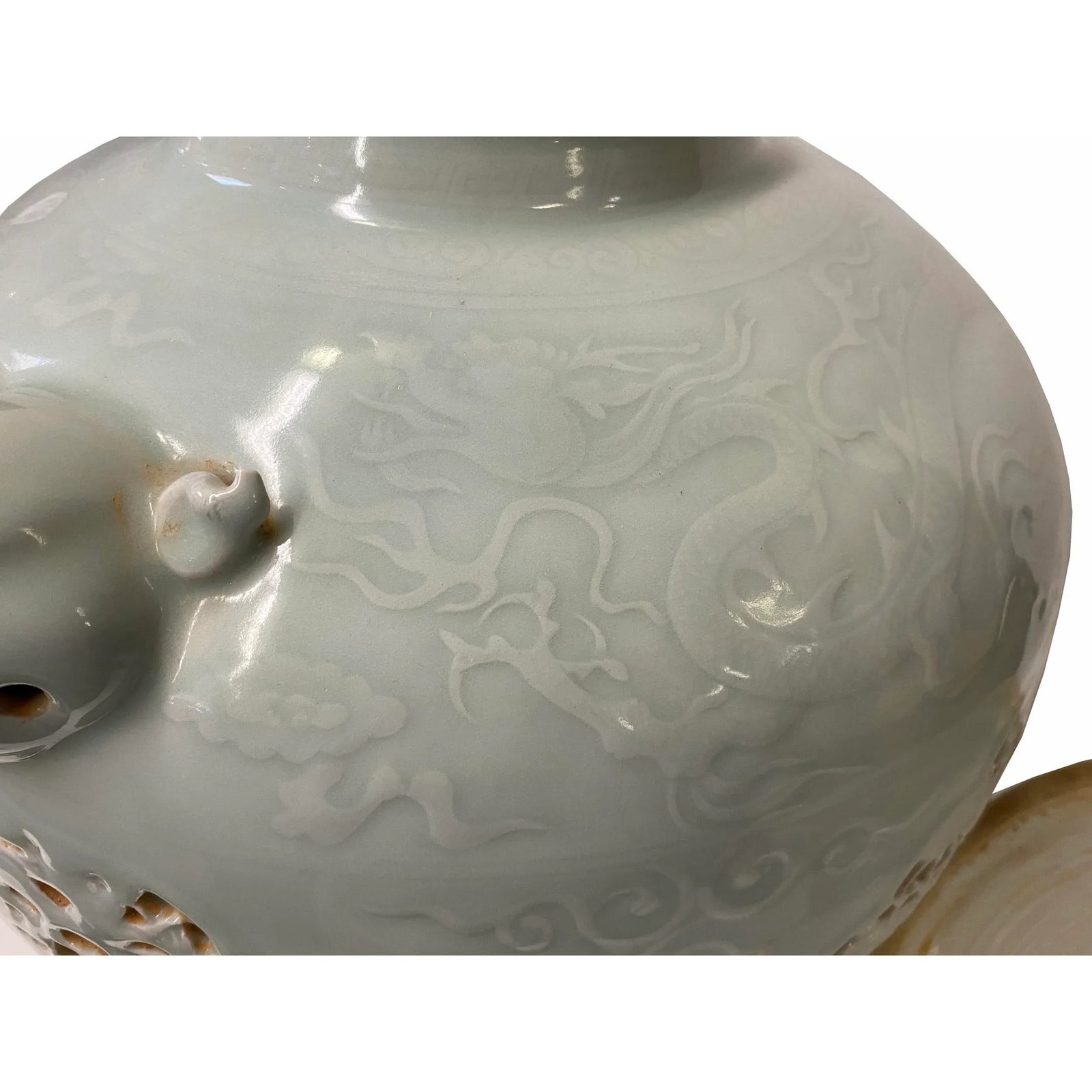 Chinese Off White Light Celadon Porcelain Dragon Foo Dogs Jar Container - 8