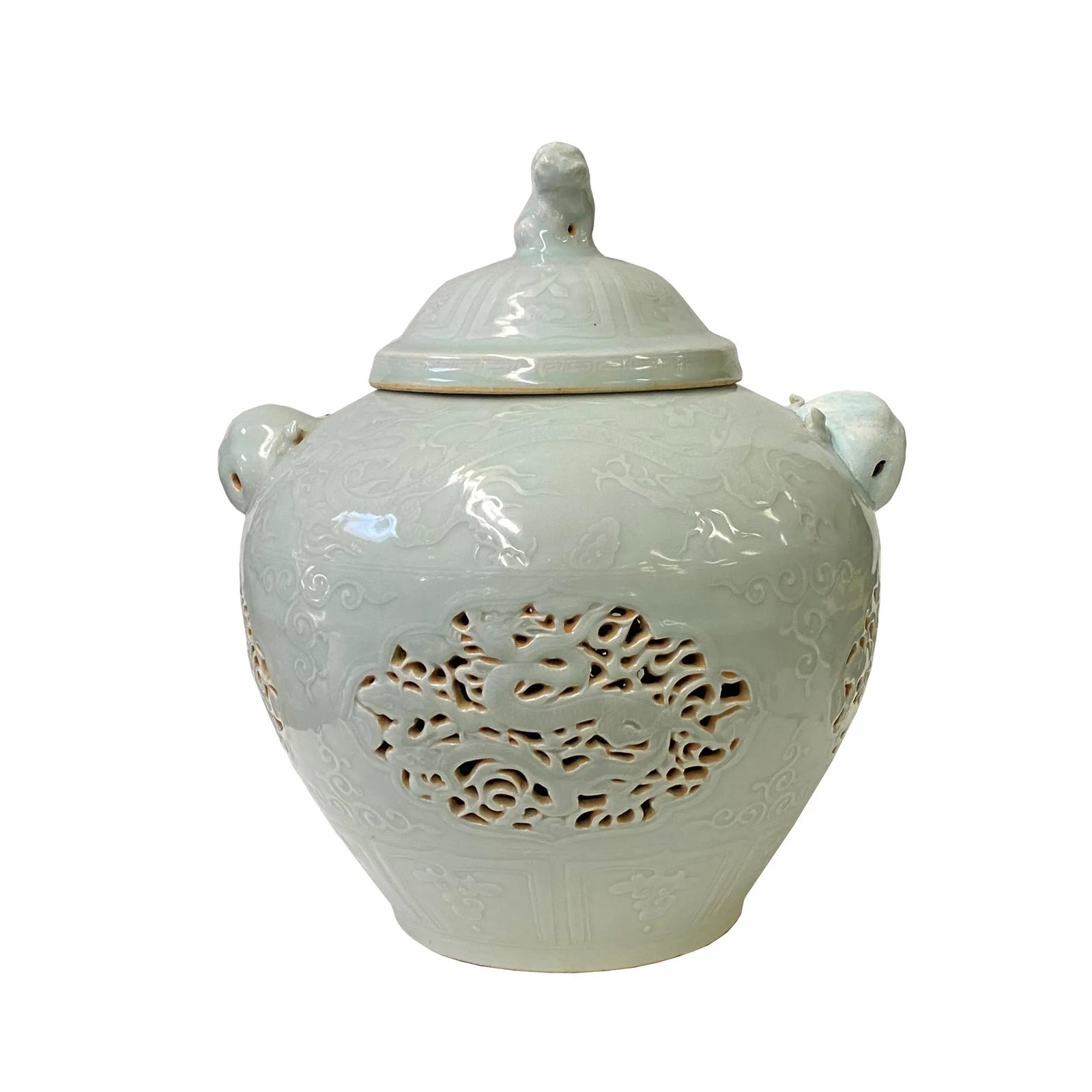 Chinese Off White Light Celadon Porcelain Dragon Foo Dogs Jar Container - 9