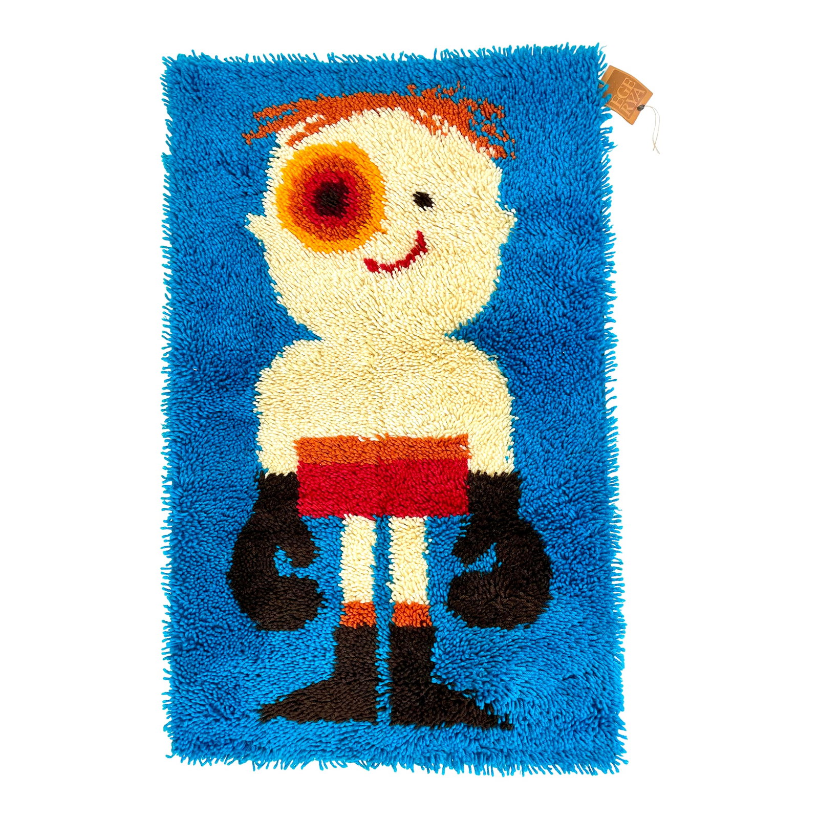 Ege Rya "Kids Collection" Boxer Thick Pile Wall Tapestry: This adorable boxer is victorious despite his black eye. This is an original 1970s Ege Rya "Kids Collection" wall tapestry designed by Carin Agner Nielsen and made of long pile wool. It retains its or