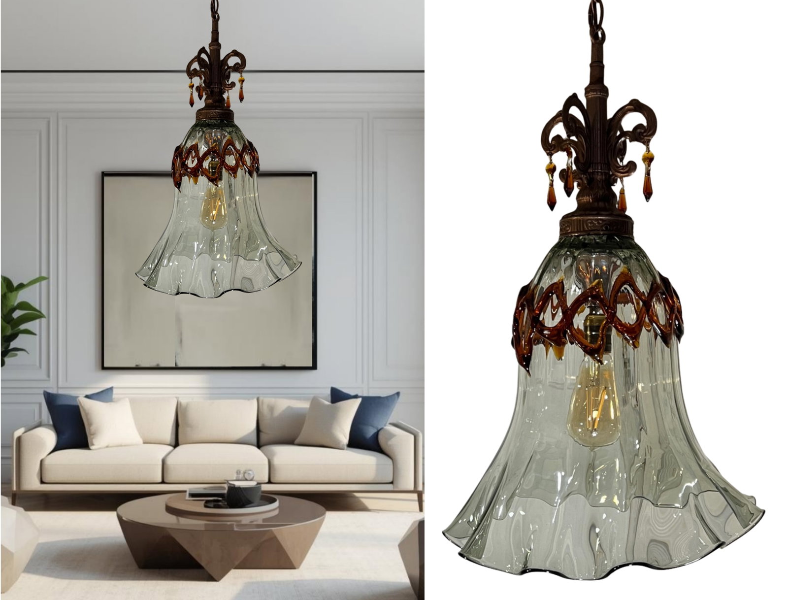 Art Glass Fazzolletto Transparent Amber Lattice Pendant Light - 14