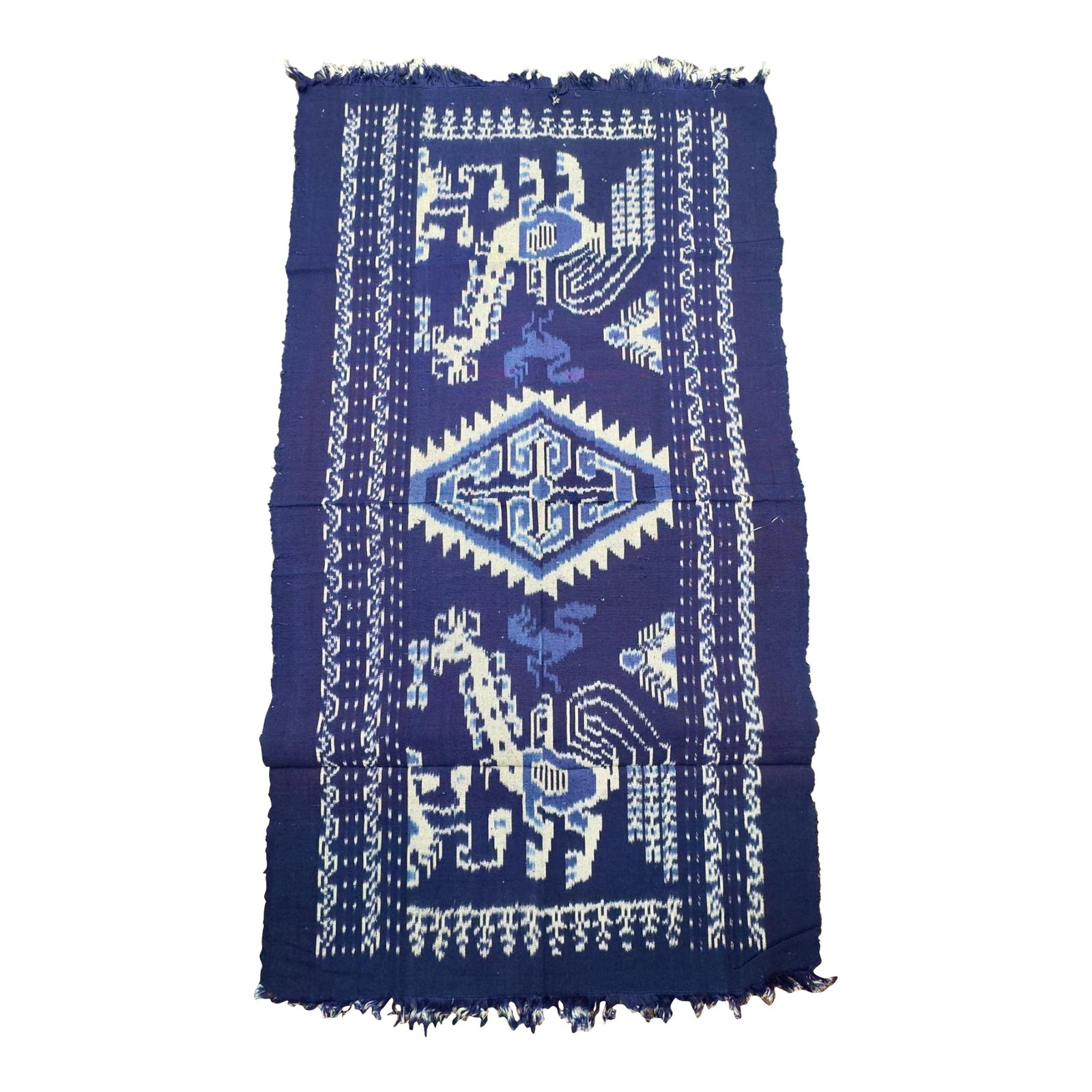 Sumba Island Indigo Textile, Sumba Warp Ikat: Unique handwoven Sumba warp Ikat textile, a hinggi ( man's ceremonial mantle ), featuring traditional indigo blue and white motifs. Antique Indonesian textile, handwoven on a backstrap loom, often