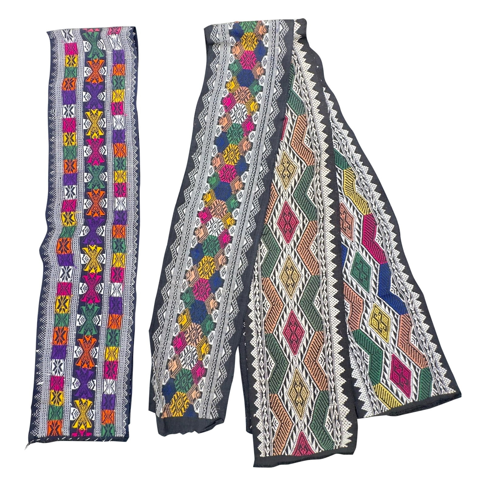 Laos Hand-Woven Textiles, 4 Total: Nice vintage set of four Lao skirt panels. The Laos people are known for their intricate geometric patterns and vibrant colors. These pieces showcase the rich culture heritage and skilled