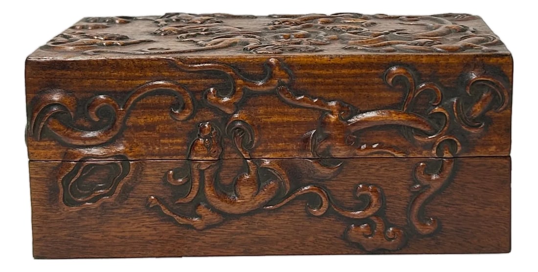 Oriental Relief Mythical Figure Motif Brown Natural Wood Small Accent Box: This rectangular wooden box is a striking example of East Asian-inspired craftsmanship, featuring a deep, warm mahogany finish that highlights the natural grain of the timber. Every visible