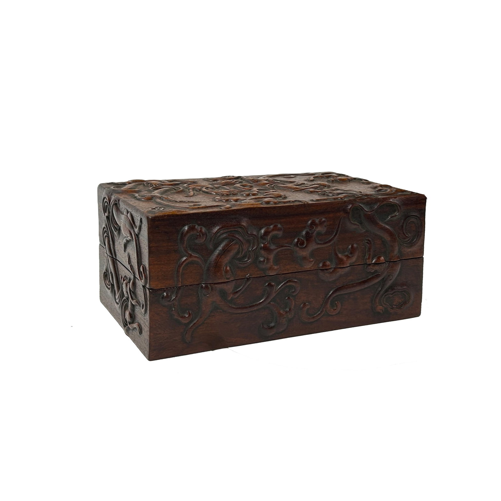 Oriental Relief Mythical Figure Motif Brown Natural Wood Small Accent Box - 2