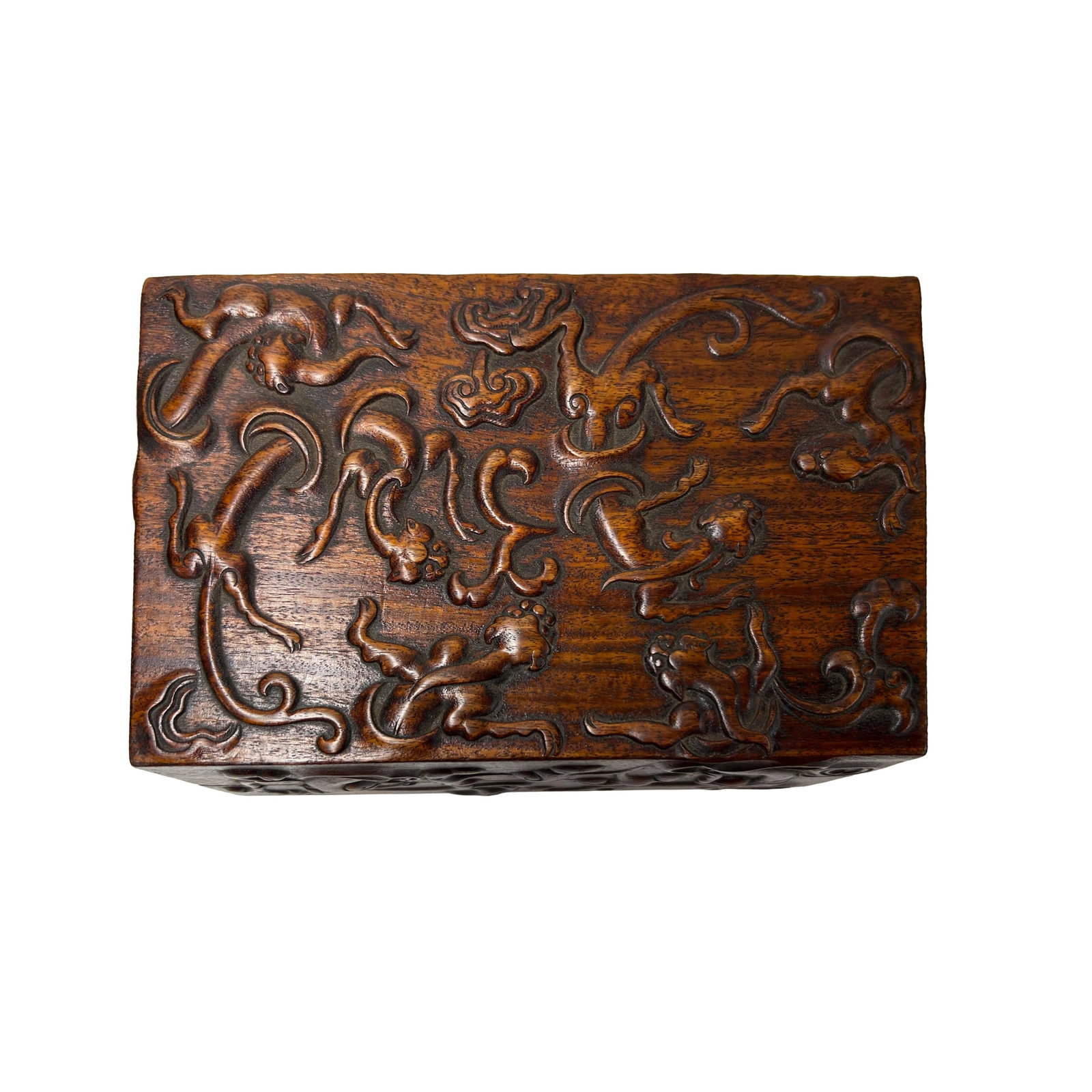 Oriental Relief Mythical Figure Motif Brown Natural Wood Small Accent Box - 5