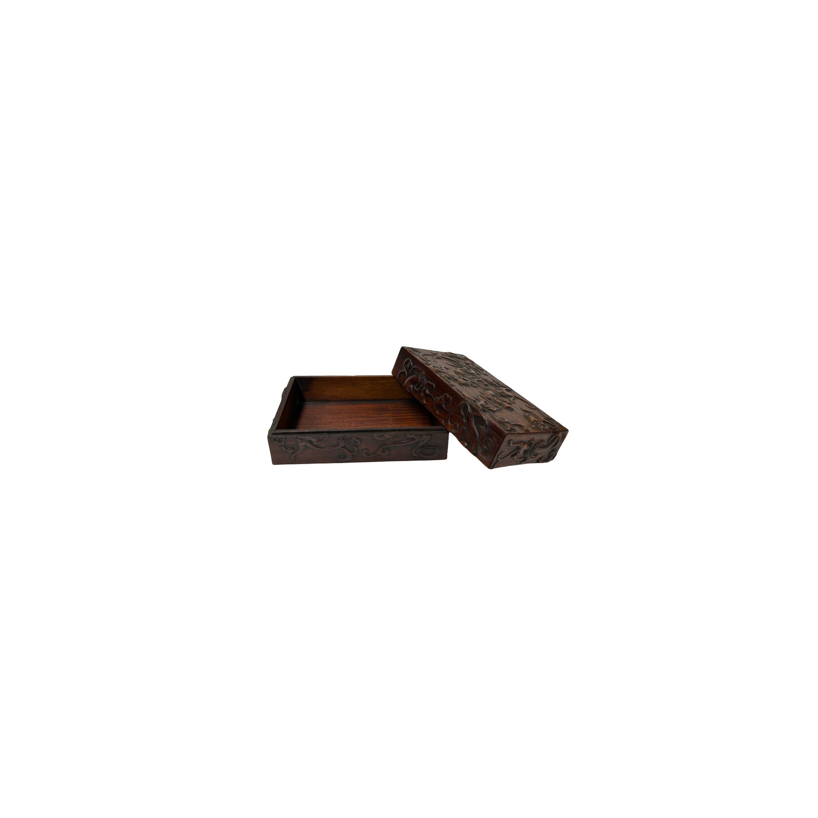 Oriental Relief Mythical Figure Motif Brown Natural Wood Small Accent Box - 9