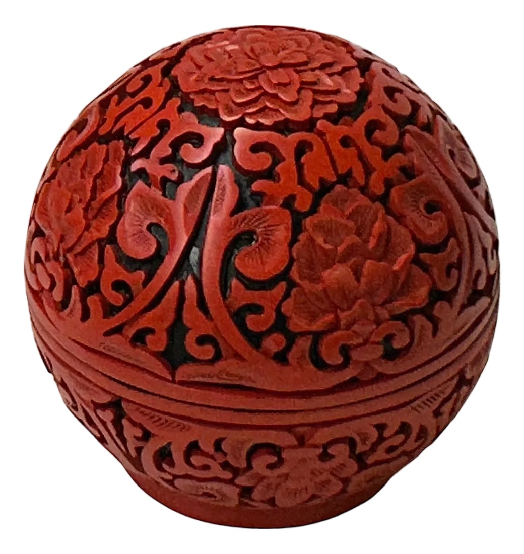 Vintage Chinese Red Lacquer Round Globe Floral Accent Box: This intricate, spherical trinket box is a striking example of cinnabar-style lacquerware, featuring a deep, oxblood red exterior that contrasts sharply with its polished black interior. The surface