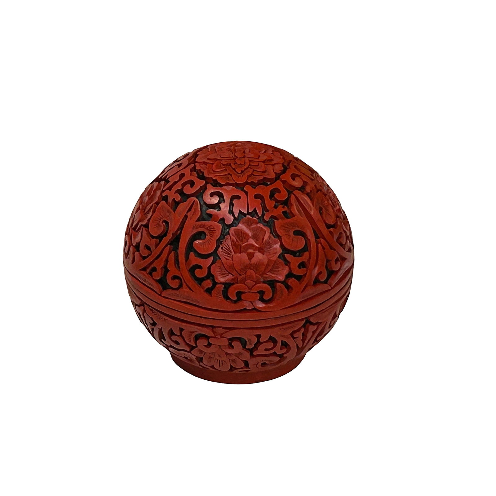 Vintage Chinese Red Lacquer Round Globe Floral Accent Box - 2