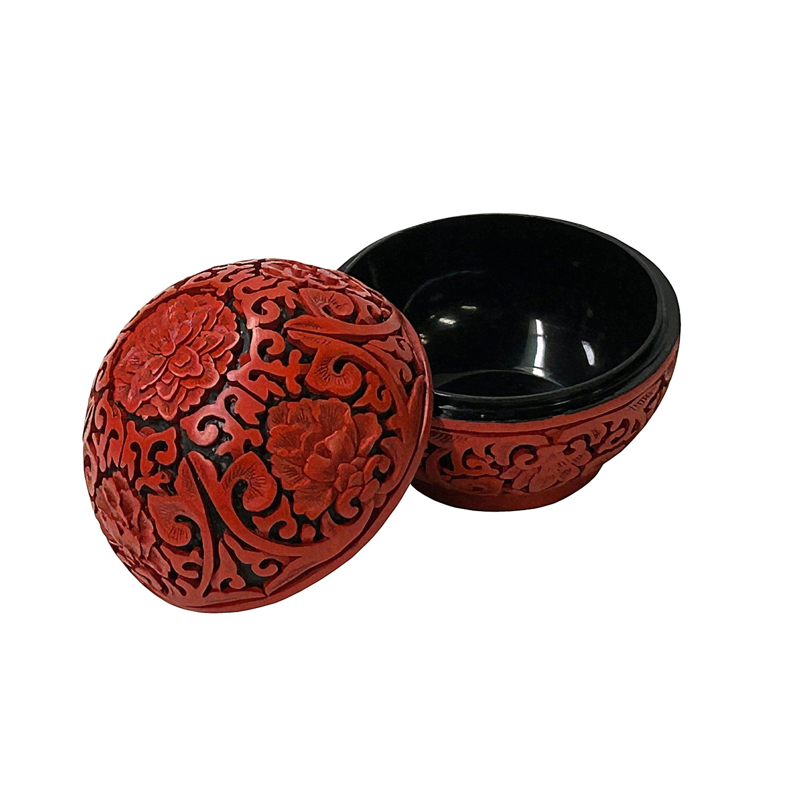 Vintage Chinese Red Lacquer Round Globe Floral Accent Box - 7