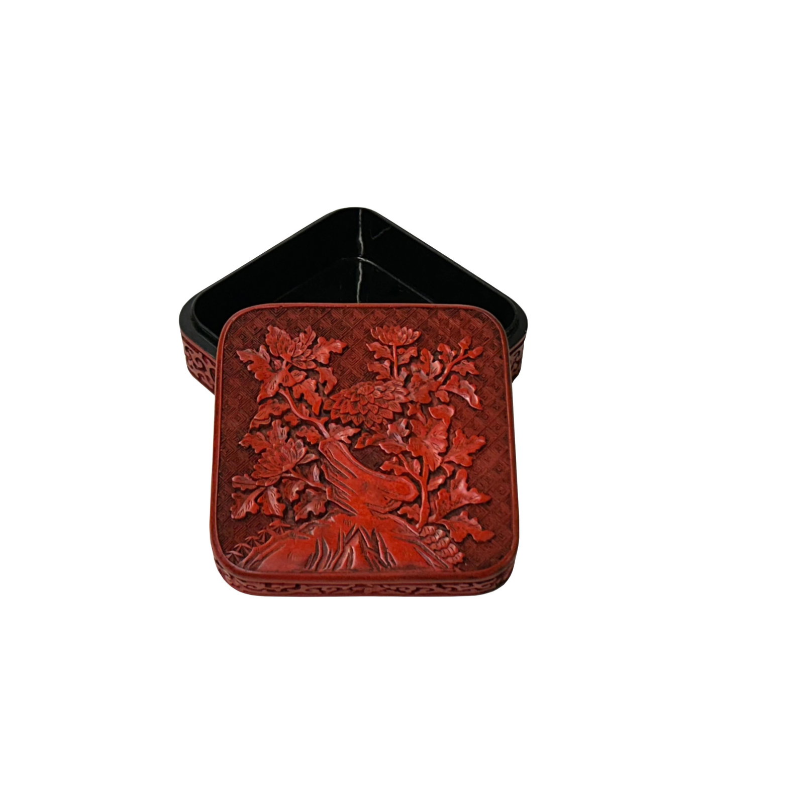 Handcrafted Vintage Chinese Red Lacquer Square Floral Accent Box - 2