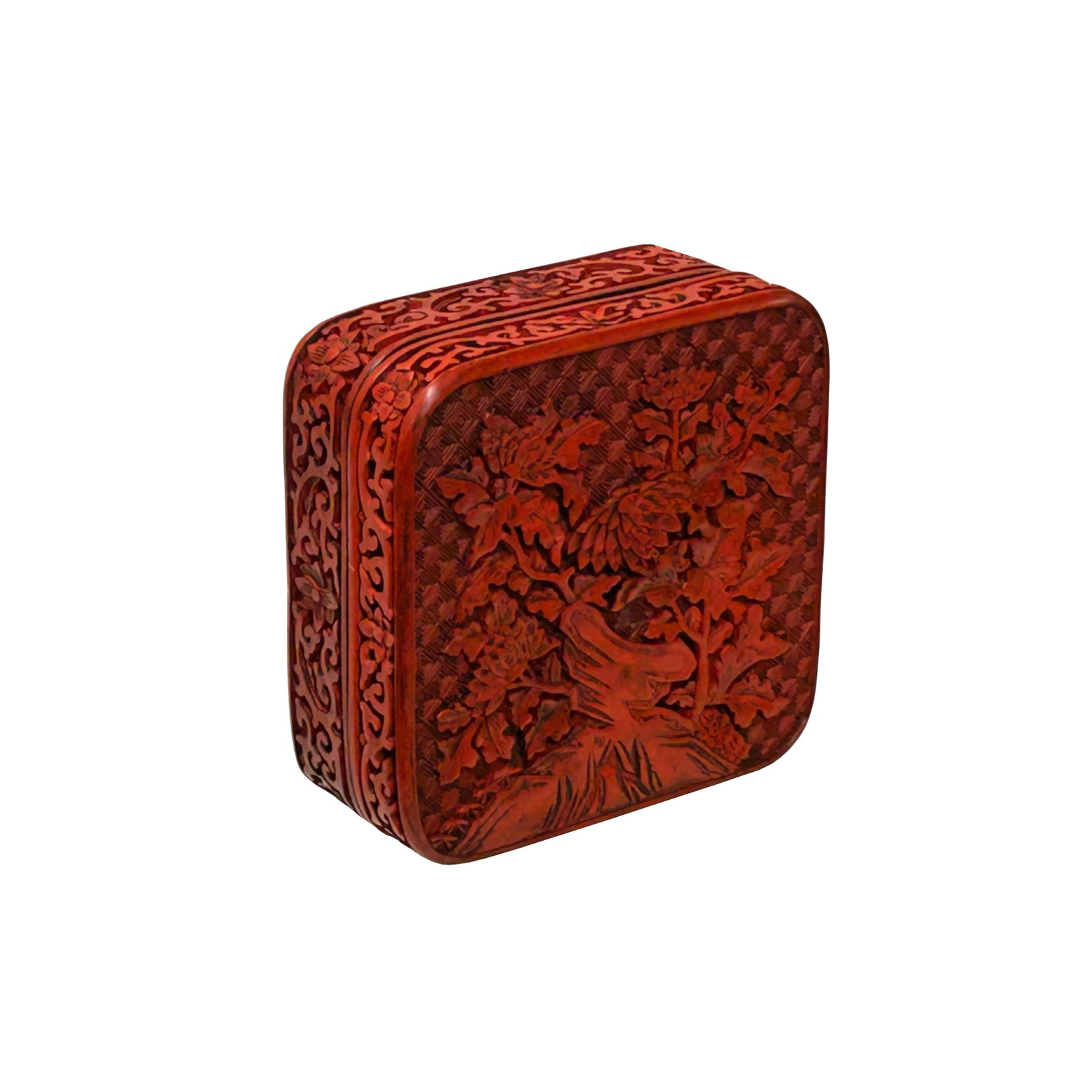 Handcrafted Vintage Chinese Red Lacquer Square Floral Accent Box - 3