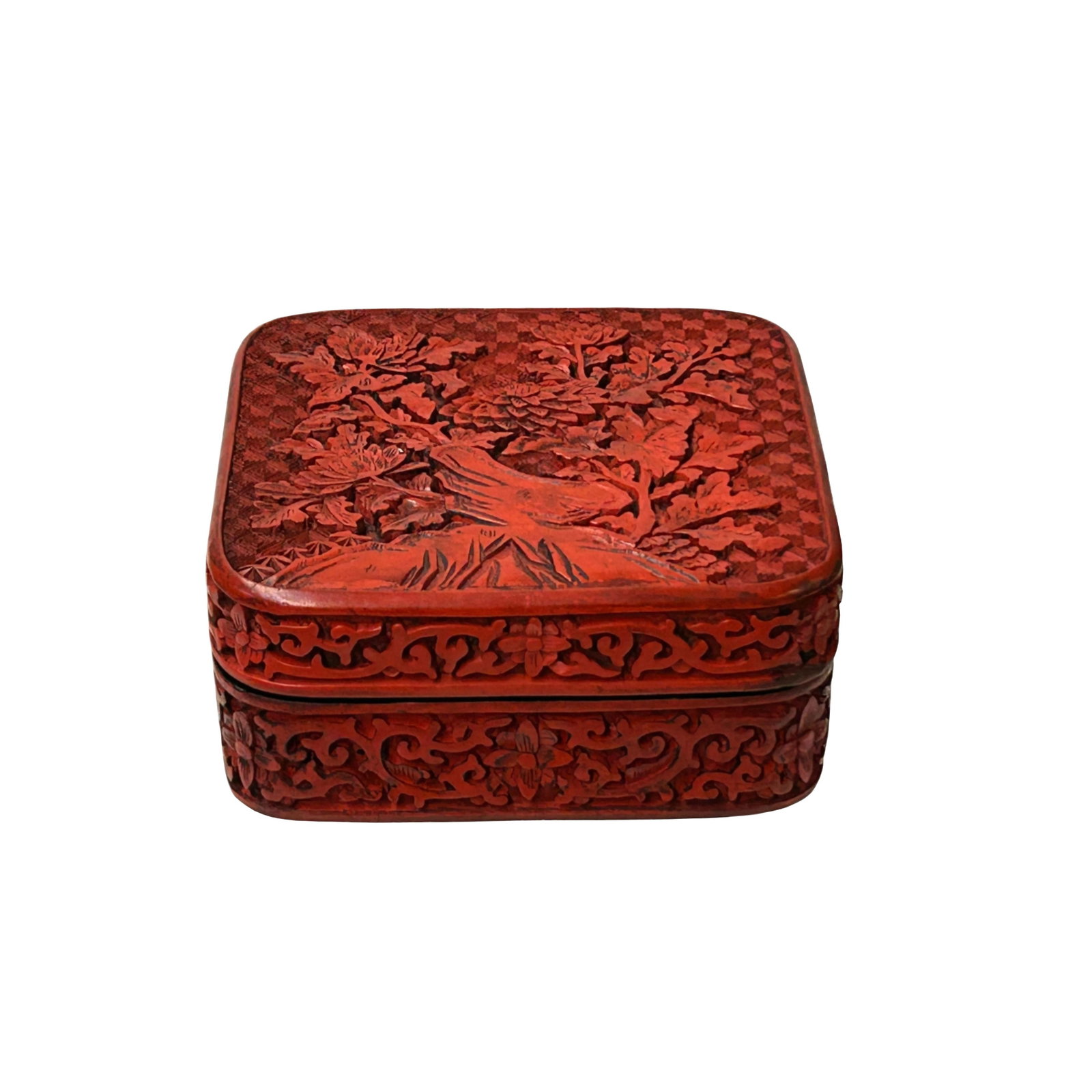 Handcrafted Vintage Chinese Red Lacquer Square Floral Accent Box - 4