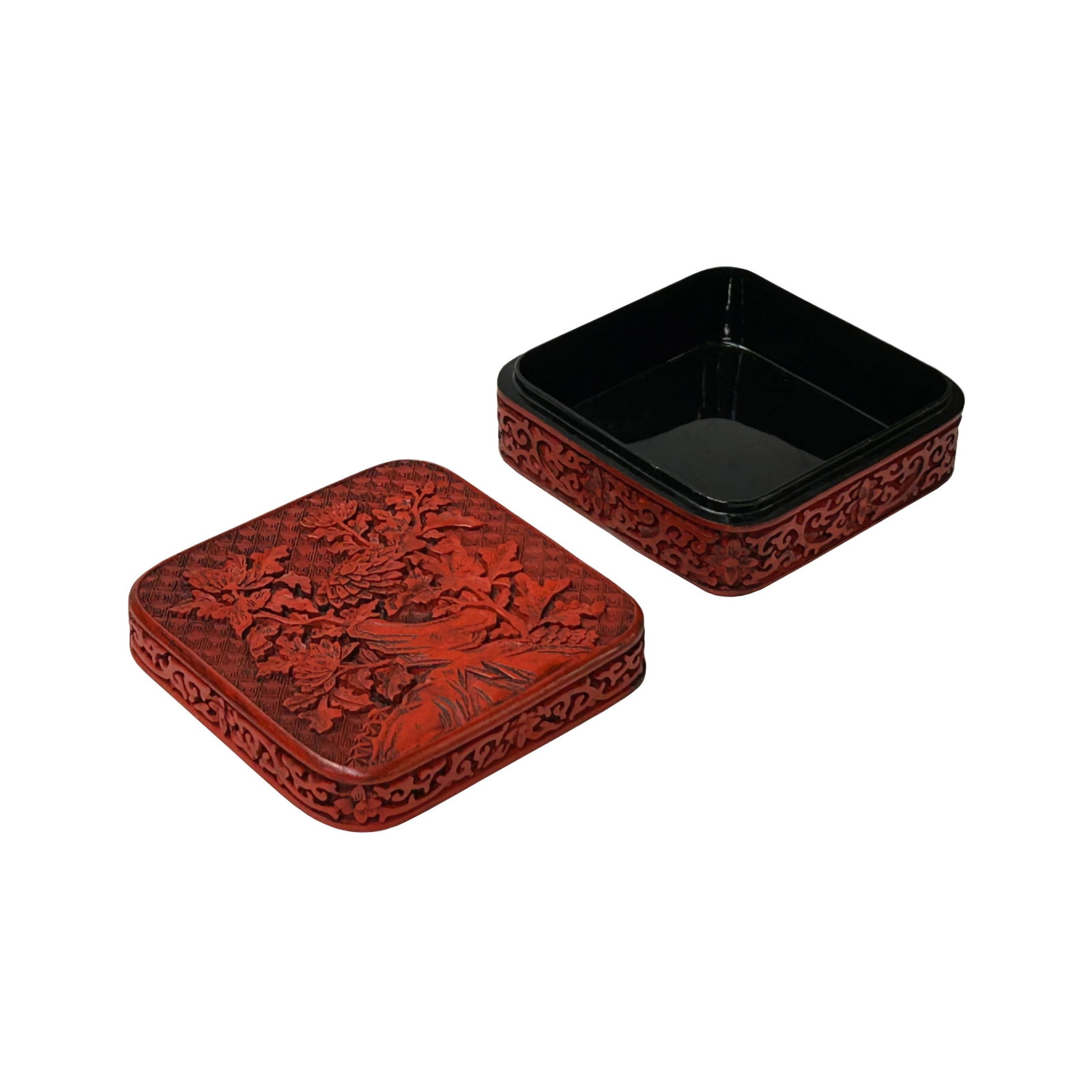 Handcrafted Vintage Chinese Red Lacquer Square Floral Accent Box - 8