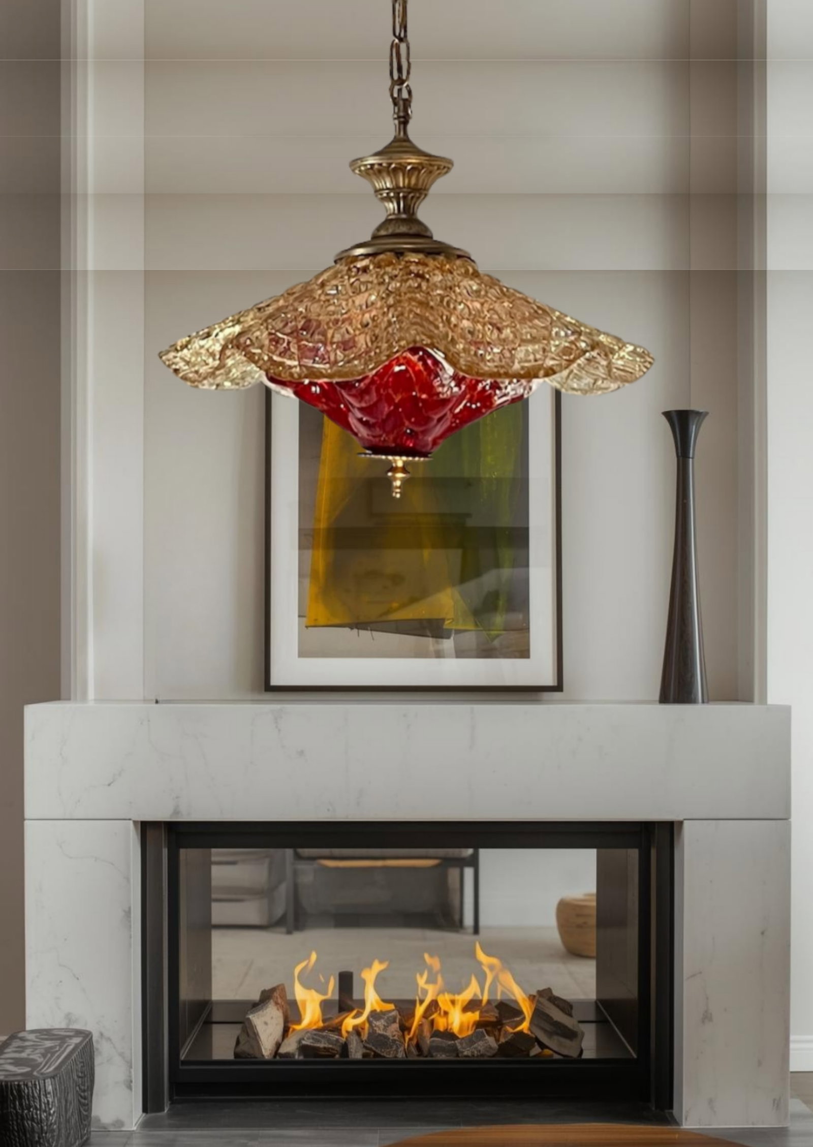 Vintage Murano Fazzoletto Art Glass "Fiore Di Fuoco" Amber Red Pendant Light - 14