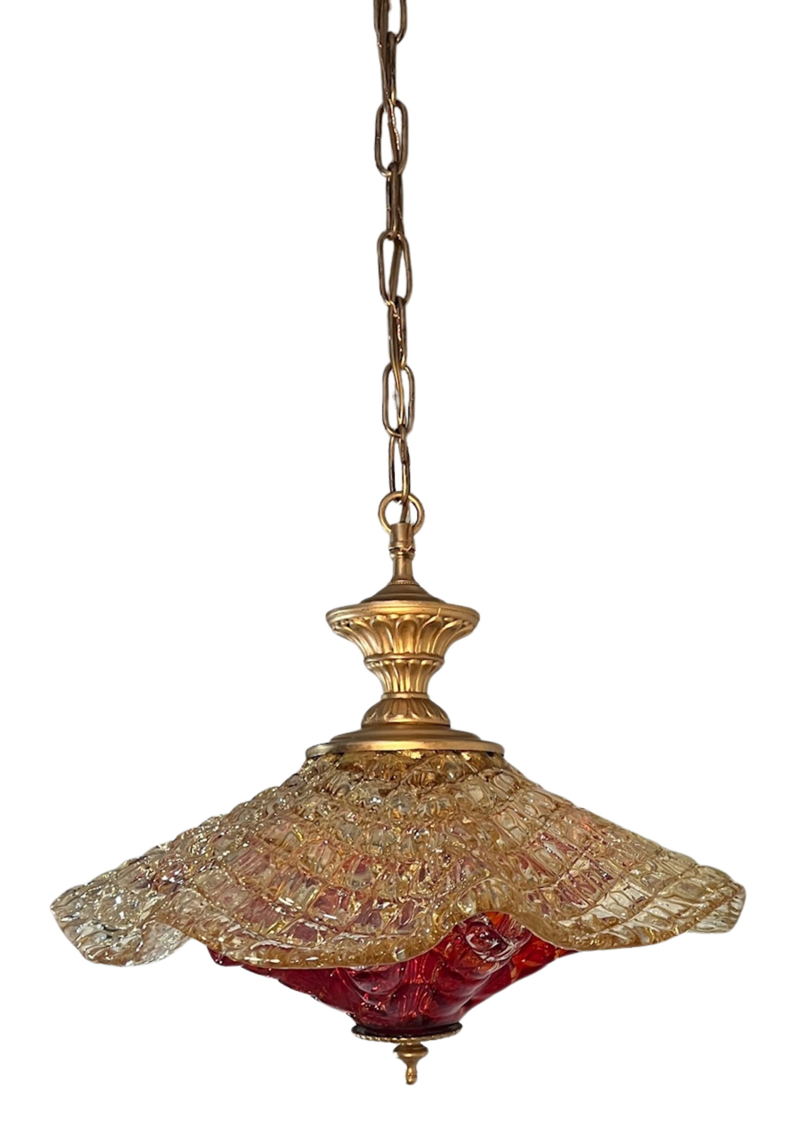 Vintage Murano Fazzoletto Art Glass "Fiore Di Fuoco" Amber Red Pendant Light - 15